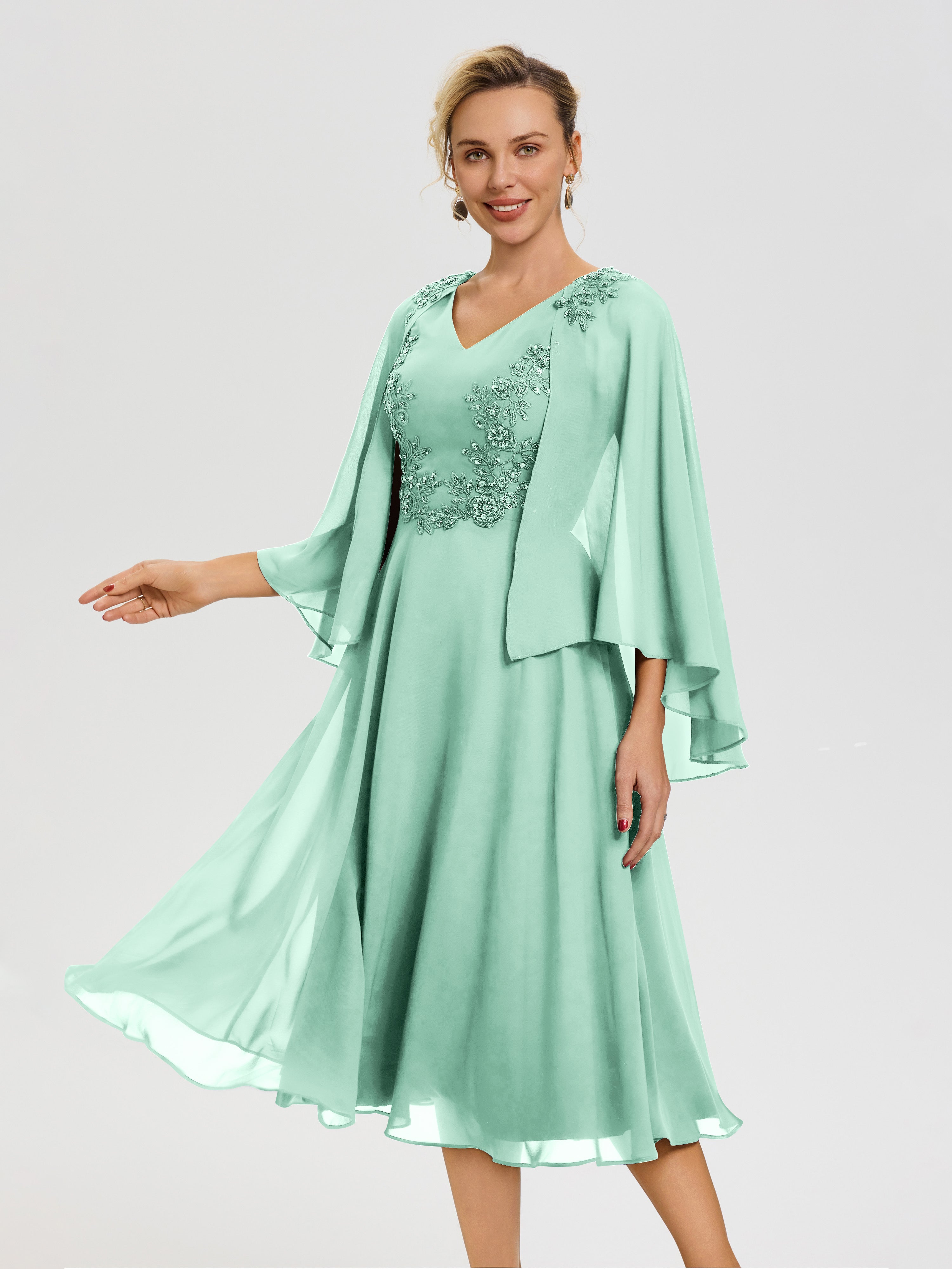 Mint Green Mother Of The Bride Dresses A-Line Appliques 3/4 Sleeves V-Neck Tea-Length Chiffon Mother Of The Bride Dress Mint Green Mother Of The Bride Dresses A-Line Appliques 3/4 Sleeves V-Neck Tea-Length Chiffon Mother Of The Bride Dress