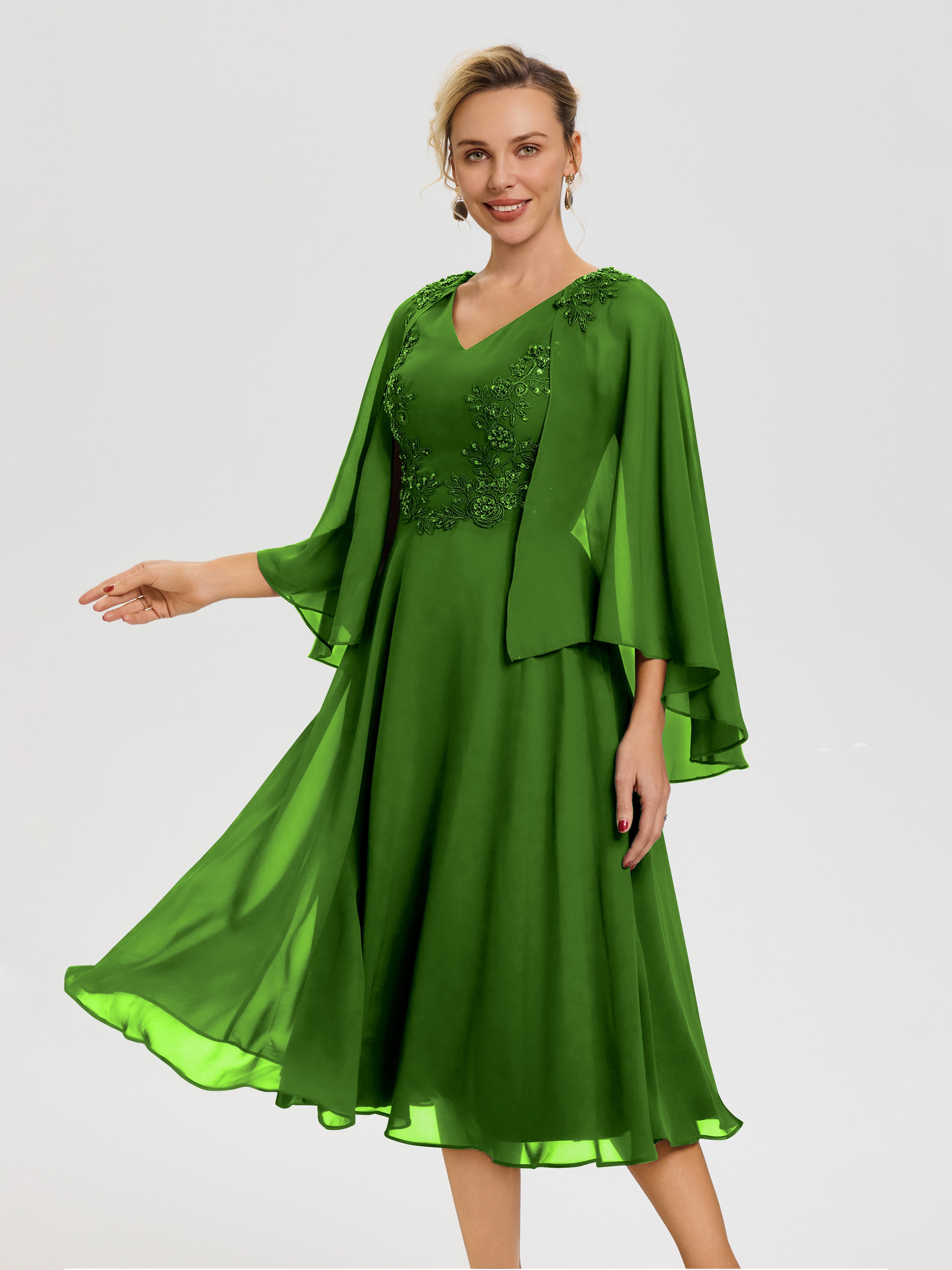 Moss Mother of The Bride Dresses A-Line Appliques 3/4 Sleeves V-Neck Tea-Length Chiffon Mother of The Bride Dress Moss Mother of The Bride Dresses A-Line Appliques 3/4 Sleeves V-Neck Tea-Length Chiffon Mother of The Bride Dress