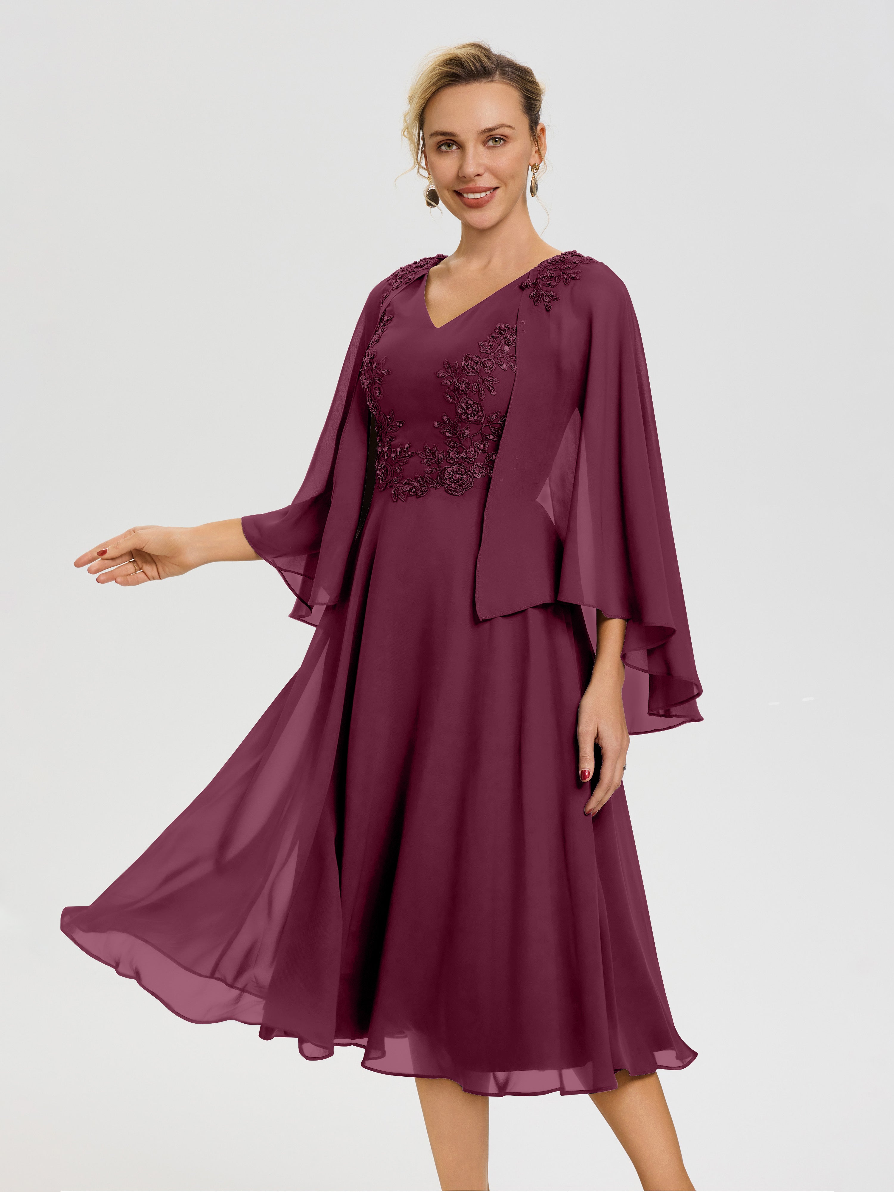 Mulberry Mother Of The Bride Dresses A-Line Appliques 3/4 Sleeves V-Neck Tea-Length Chiffon Mother Of The Bride Dress Mulberry Mother Of The Bride Dresses A-Line Appliques 3/4 Sleeves V-Neck Tea-Length Chiffon Mother Of The Bride Dress
