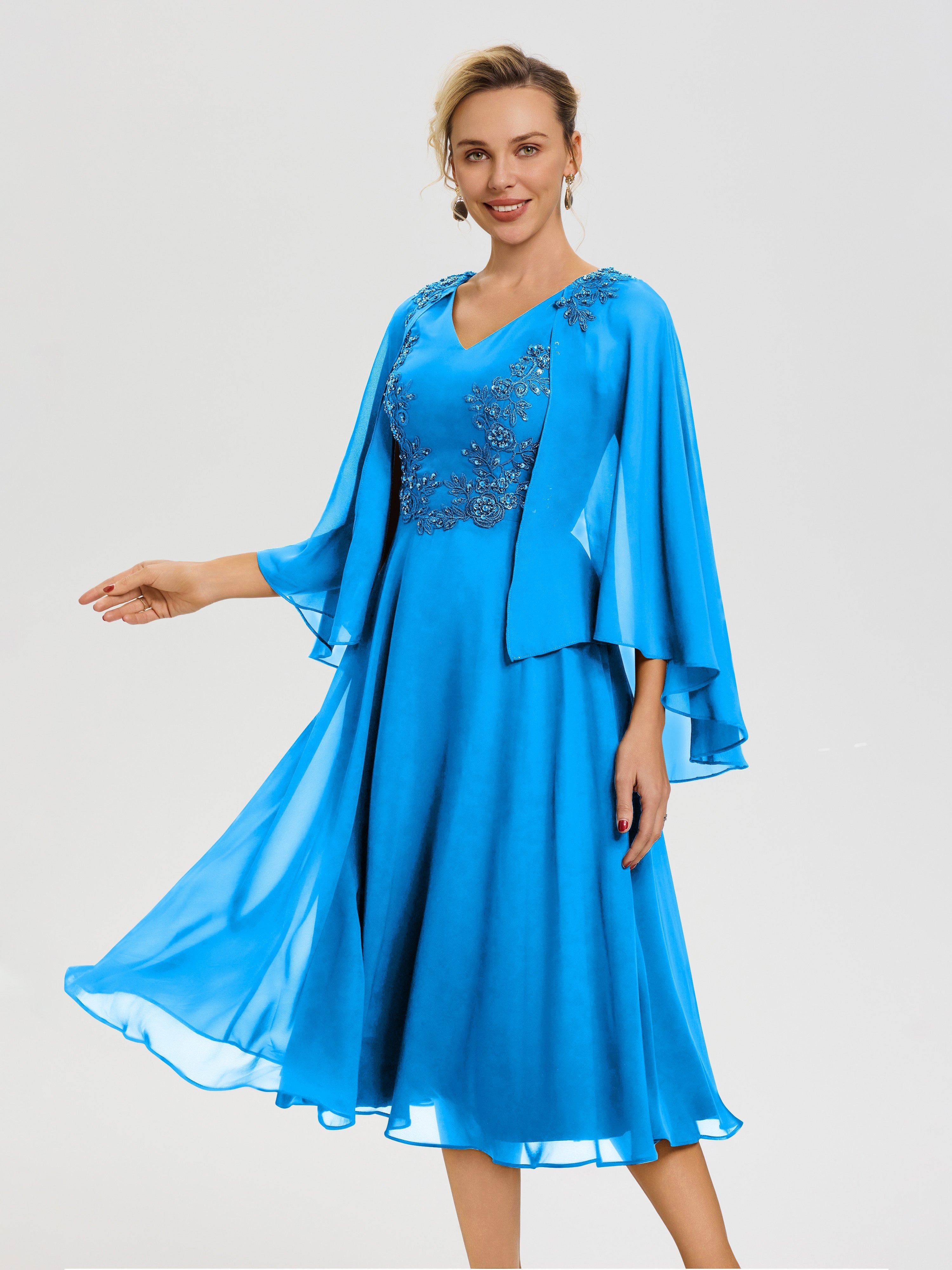 Ocean Blue Mother Of The Bride Dresses A-Line Appliques 3/4 Sleeves V-Neck Tea-Length Chiffon Mother Of The Bride Dress Ocean Blue Mother Of The Bride Dresses A-Line Appliques 3/4 Sleeves V-Neck Tea-Length Chiffon Mother Of The Bride Dress