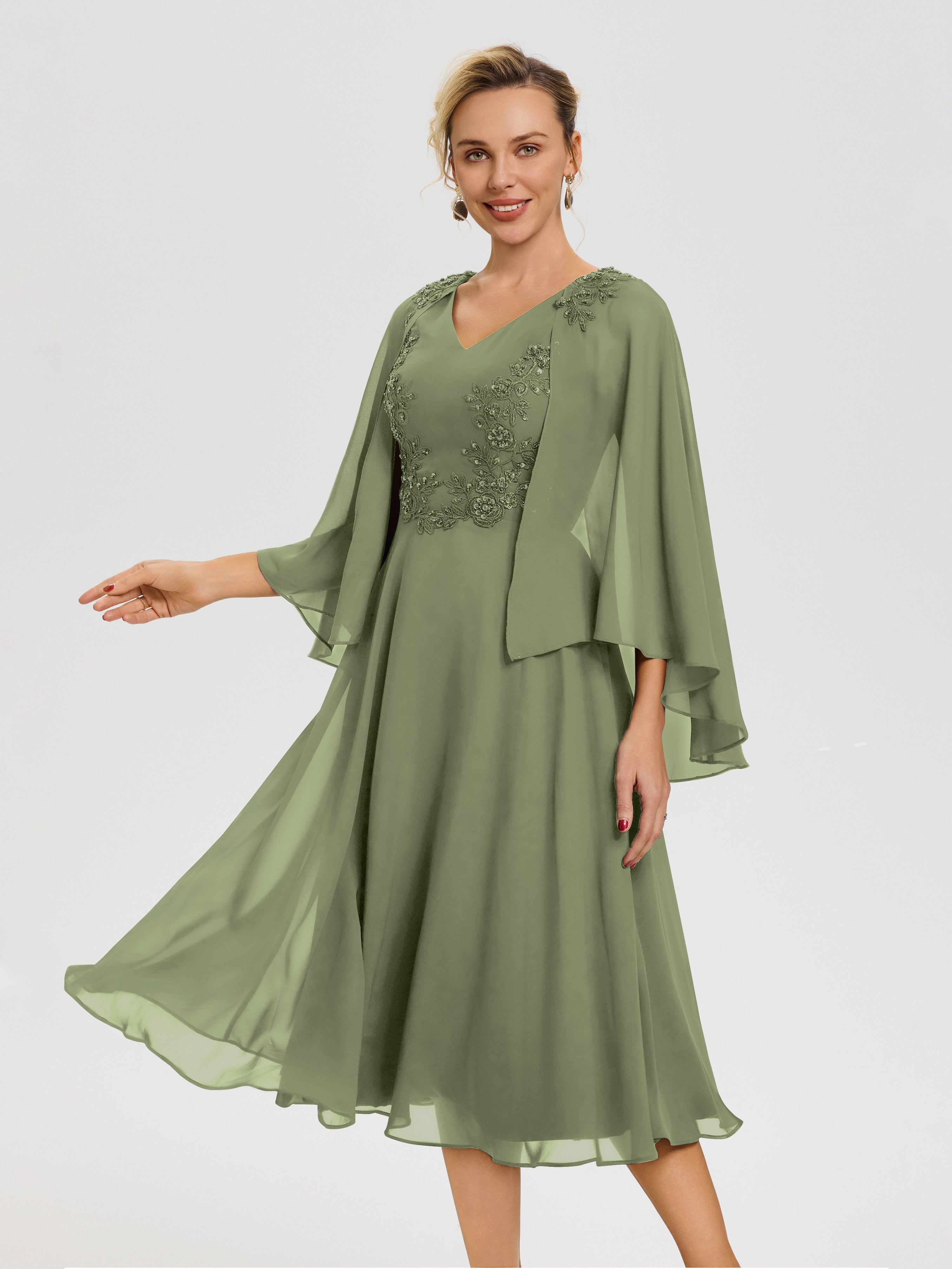 Mother Of The Bride Dresses Olive Green A-Line Appliques 3/4 Sleeves V-Neck Tea-Length Chiffon Mother Of The Bride Dress Mother Of The Bride Dresses Olive Green A-Line Appliques 3/4 Sleeves V-Neck Tea-Length Chiffon Mother Of The Bride Dress