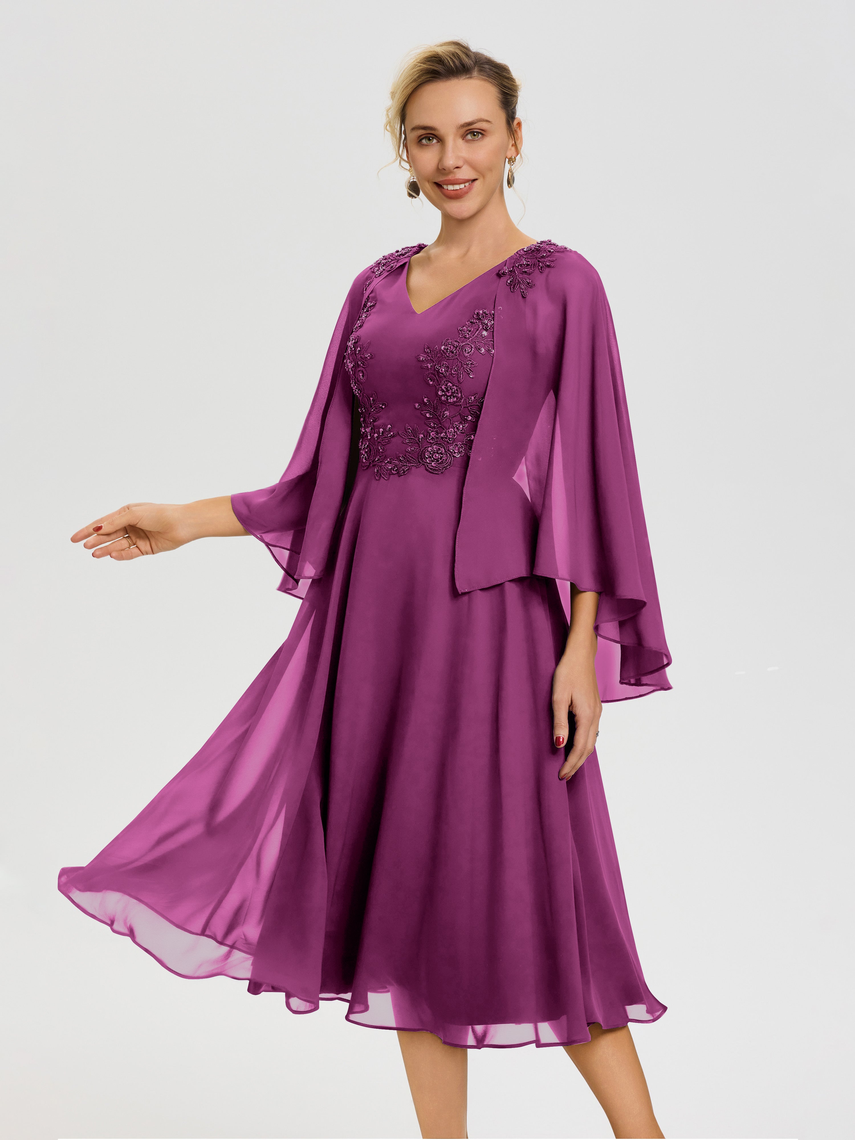 Orchid Tea Length Mother Of The Bride Dresses A-Line Appliques 3/4 Sle Orchid Tea Length Mother Of The Bride Dresses A-Line Appliques 3/4 Sle