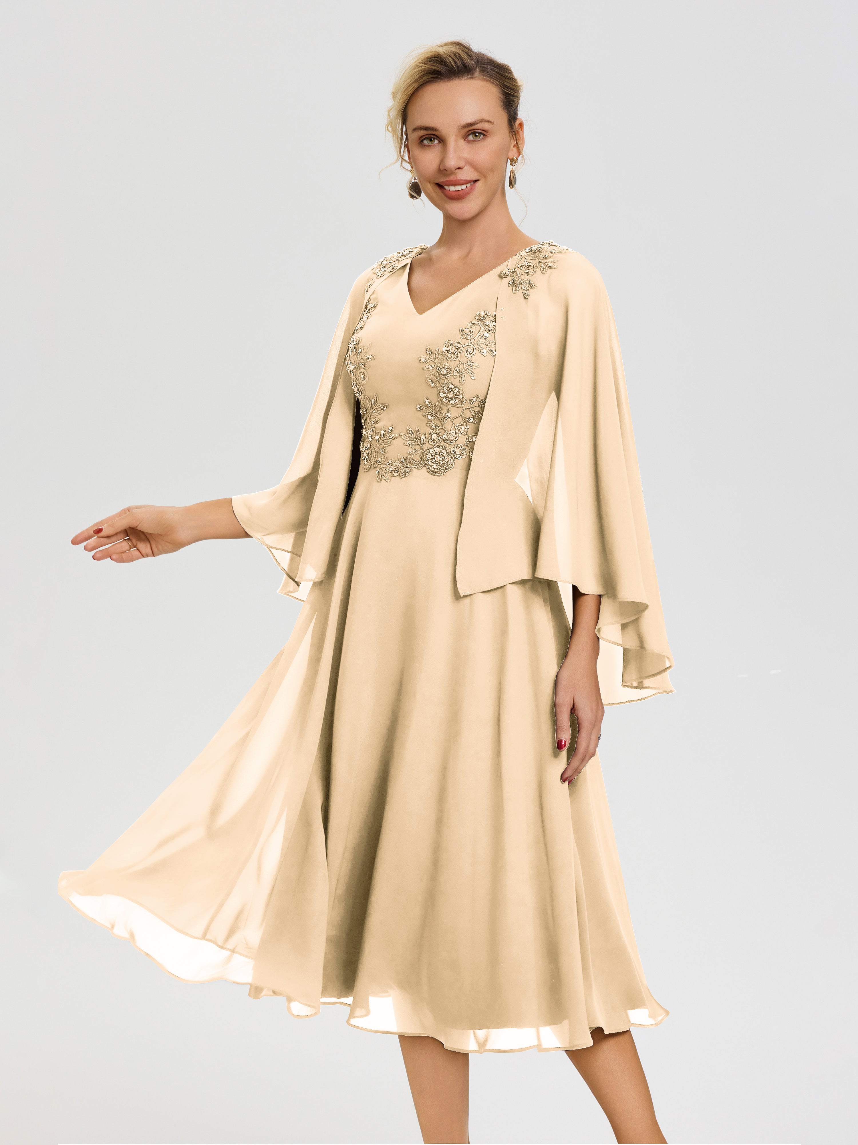 Peach Dress for Wedding Mother of The Bride A-Line Appliques 3/4 Sleeves V-Neck Tea-Length Chiffon Mother of The Bride Dress Peach Dress for Wedding Mother of The Bride A-Line Appliques 3/4 Sleeves V-Neck Tea-Length Chiffon Mother of The Bride Dress