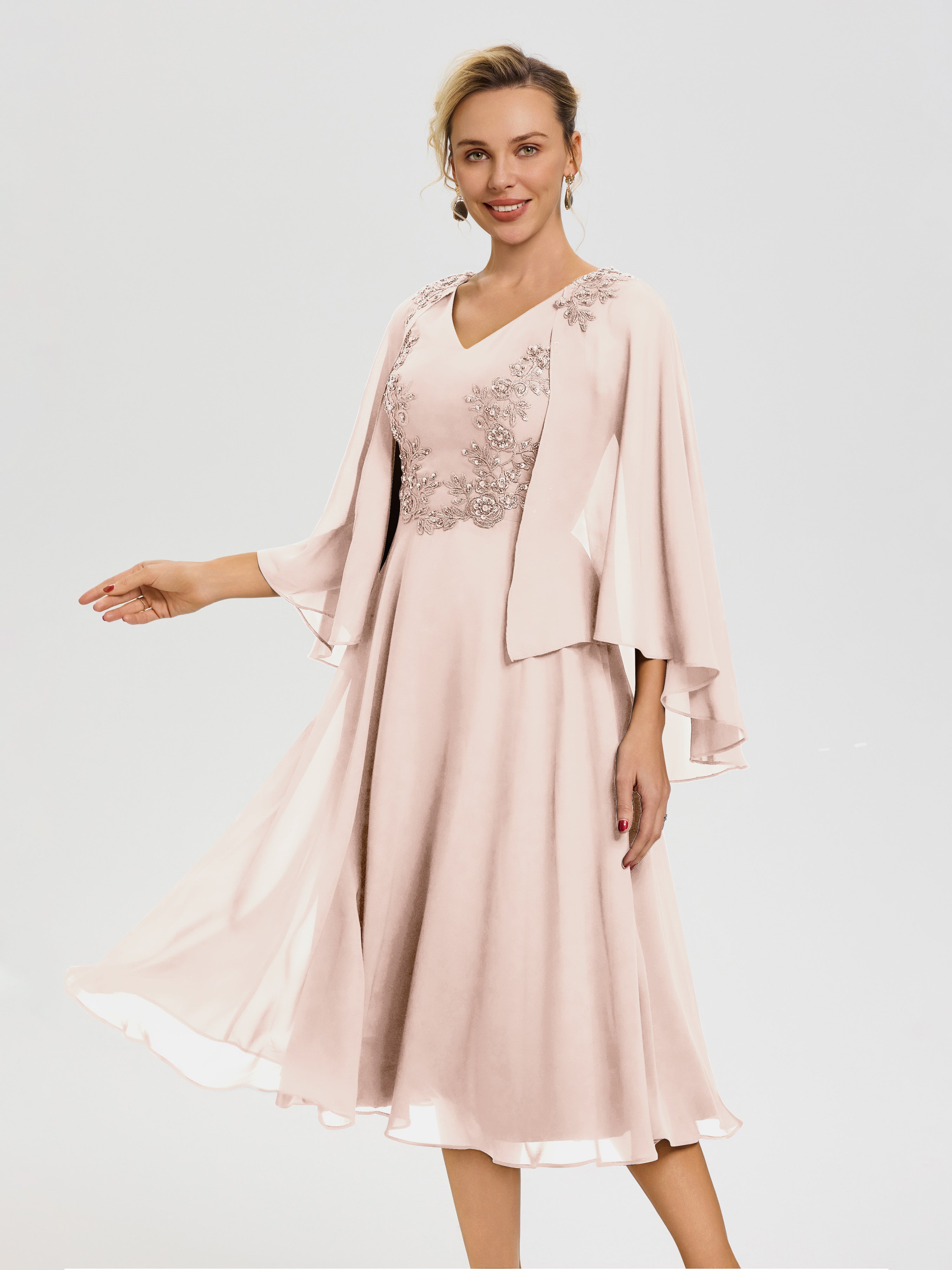 Mother of The Bride Dresses Pearl Pink A-Line Appliques 3/4 Sleeves V-Neck Tea-Length Chiffon Mother of The Bride Dress Mother of The Bride Dresses Pearl Pink A-Line Appliques 3/4 Sleeves V-Neck Tea-Length Chiffon Mother of The Bride Dress