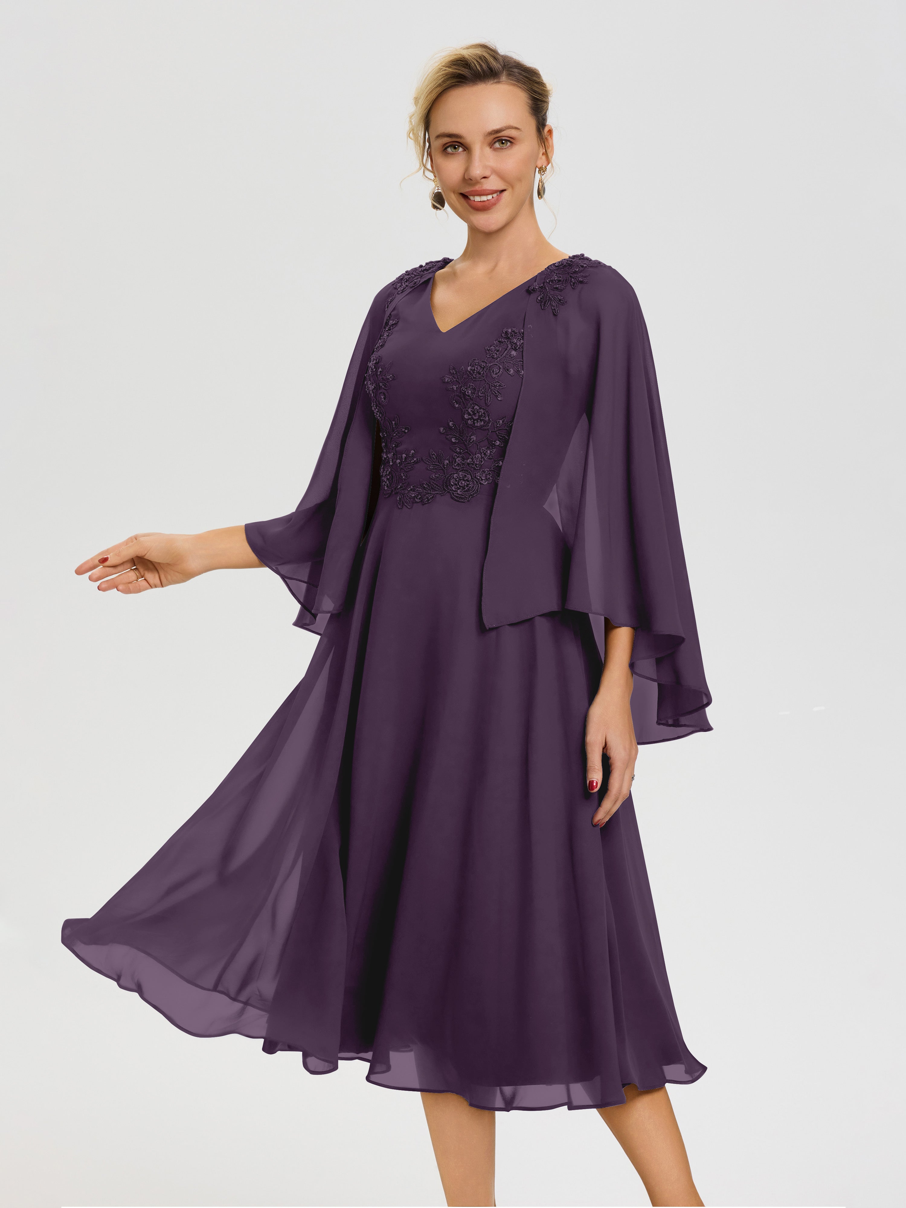 Plum Mother of The Bride Dress A-Line Appliques 3/4 Sleeves V-Neck Tea-Length Chiffon Mother of The Bride Dress Plum Mother of The Bride Dress A-Line Appliques 3/4 Sleeves V-Neck Tea-Length Chiffon Mother of The Bride Dress
