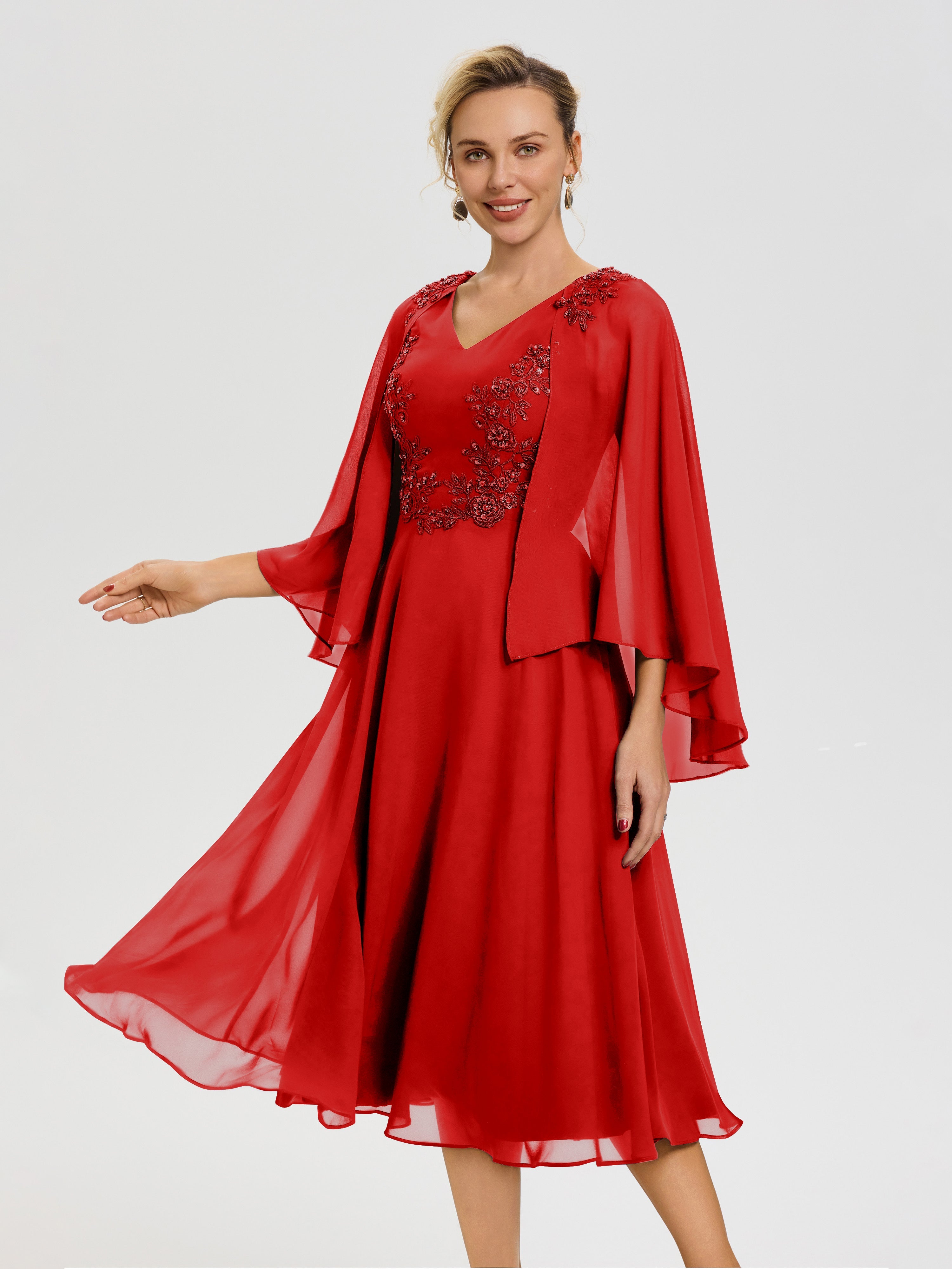 red mother of the bride dresses tea length Stacees Tea-Length Ruffles Mother of the Bride or Groom Dress with Lace Sleeves Jacket