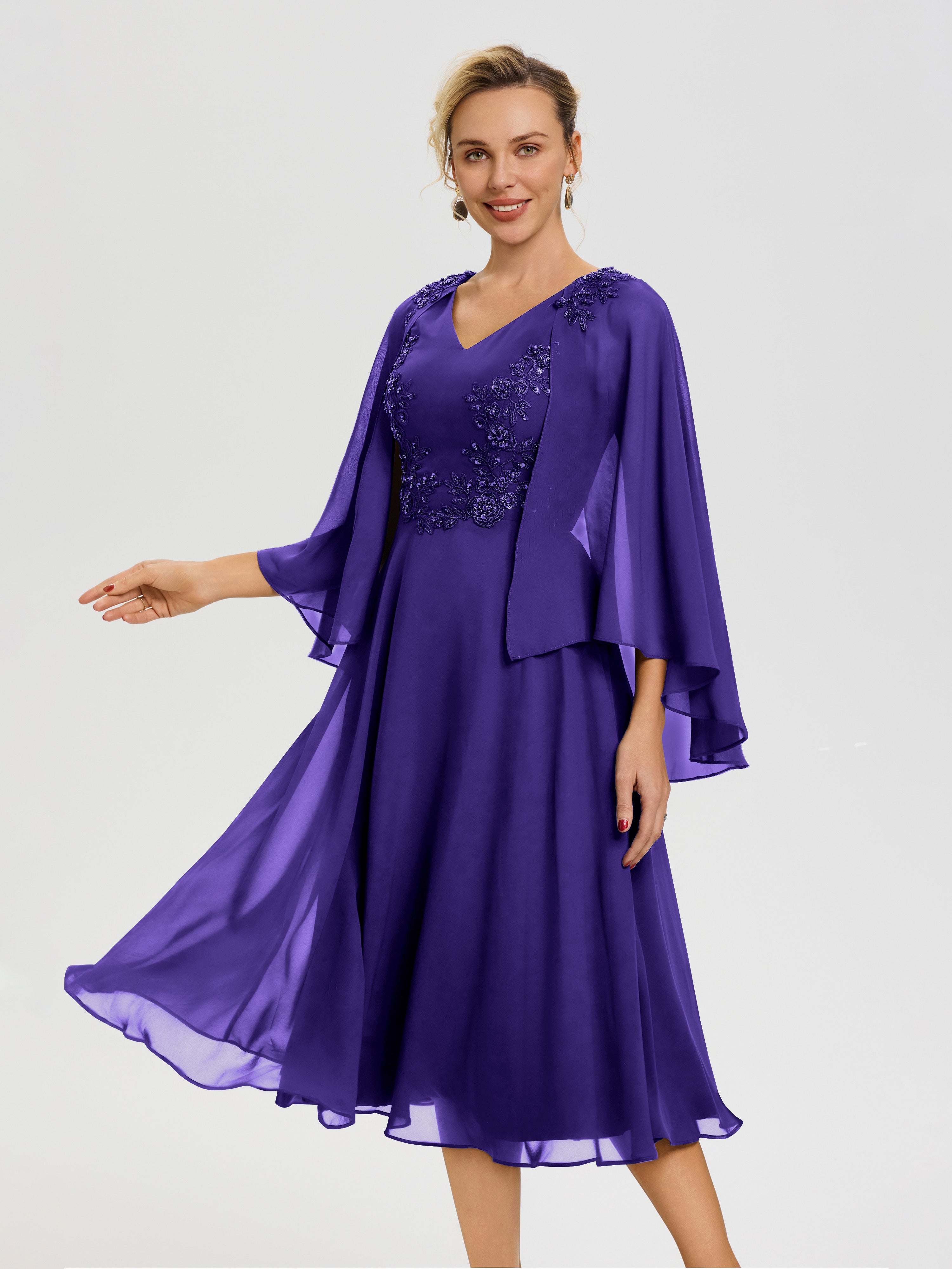 Regency Purple Mother Of The Bride Dresses A-Line Appliques 3/4 Sleeves V-Neck Tea-Length Chiffon Mother Of The Bride Dress Regency Purple Mother Of The Bride Dresses A-Line Appliques 3/4 Sleeves V-Neck Tea-Length Chiffon Mother Of The Bride Dress