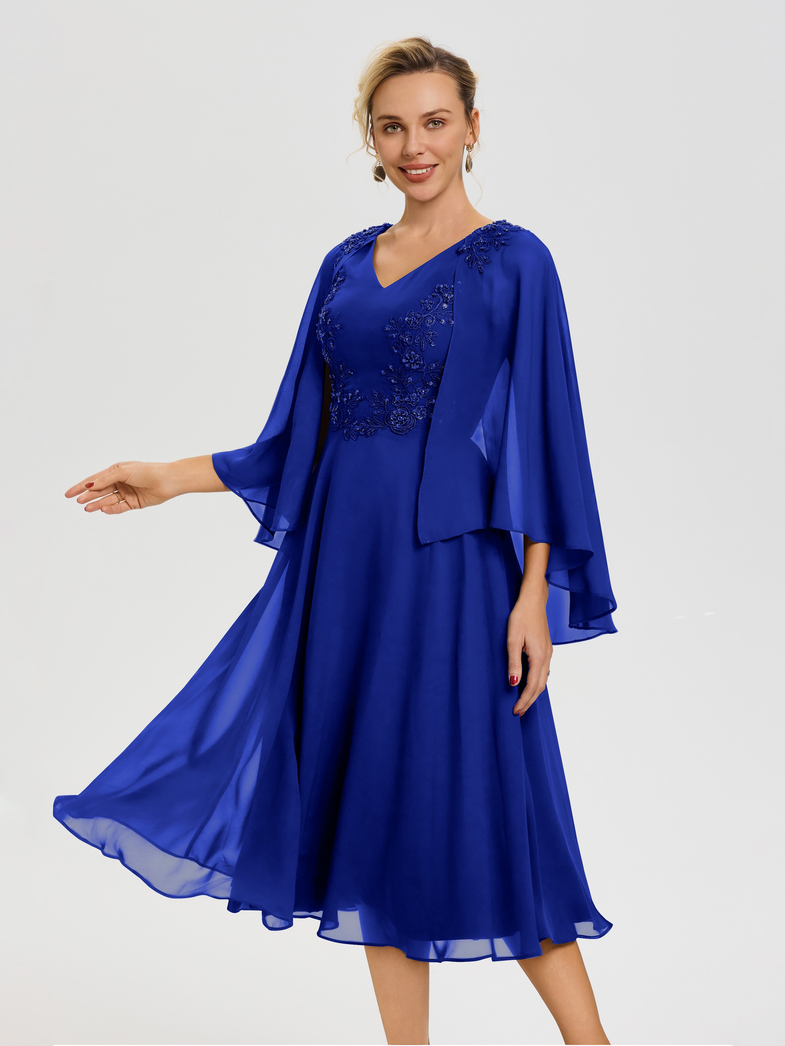Royal Blue Mother Of The Bride Dresses A-Line Appliques 3/4 Sleeves V-Neck Tea-Length Chiffon Mother Of The Bride Dress Royal Blue Mother Of The Bride Dresses A-Line Appliques 3/4 Sleeves V-Neck Tea-Length Chiffon Mother Of The Bride Dress