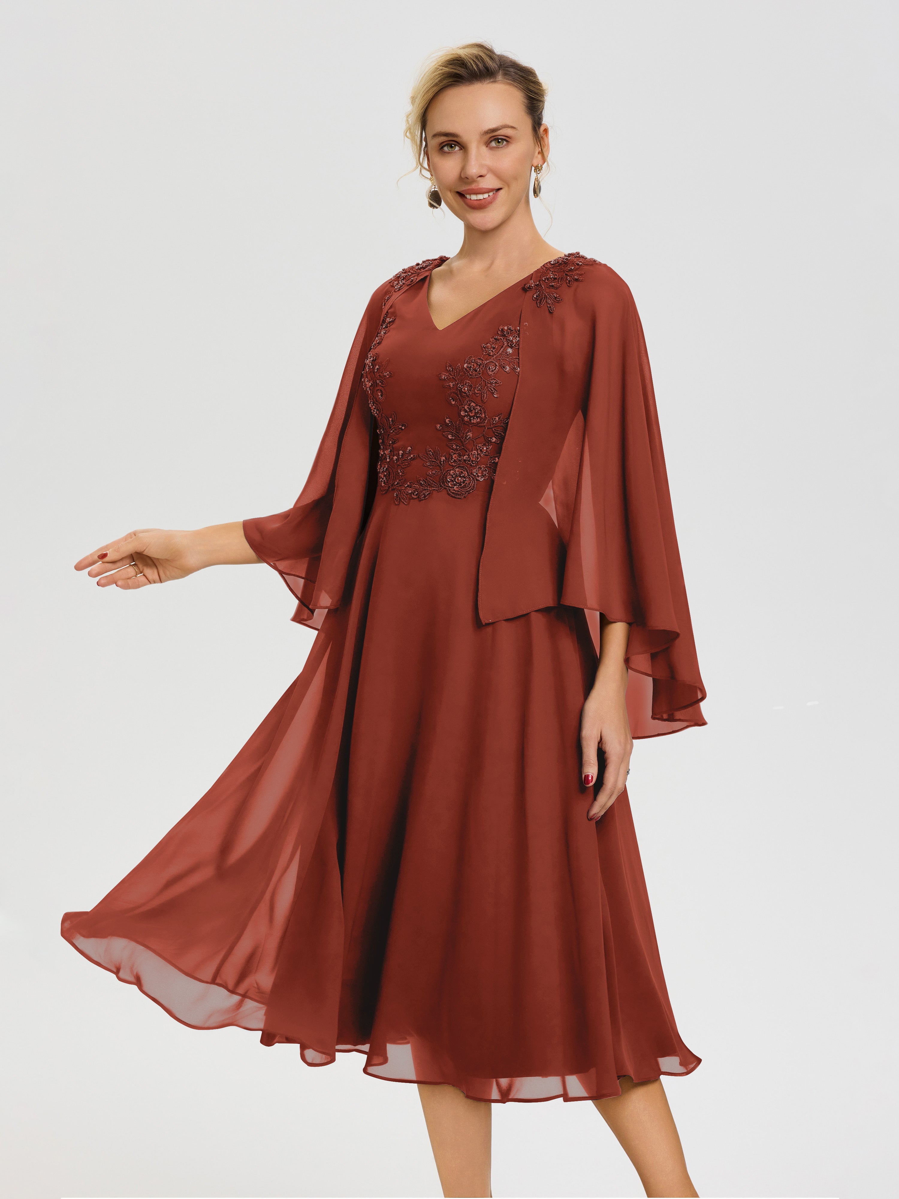 Rust Colored Mother of The Bride Dress A-Line Appliques 3/4 Sleeves V-Neck Tea-Length Chiffon Mother of The Bride Dress Rust Colored Mother of The Bride Dress A-Line Appliques 3/4 Sleeves V-Neck Tea-Length Chiffon Mother of The Bride Dress