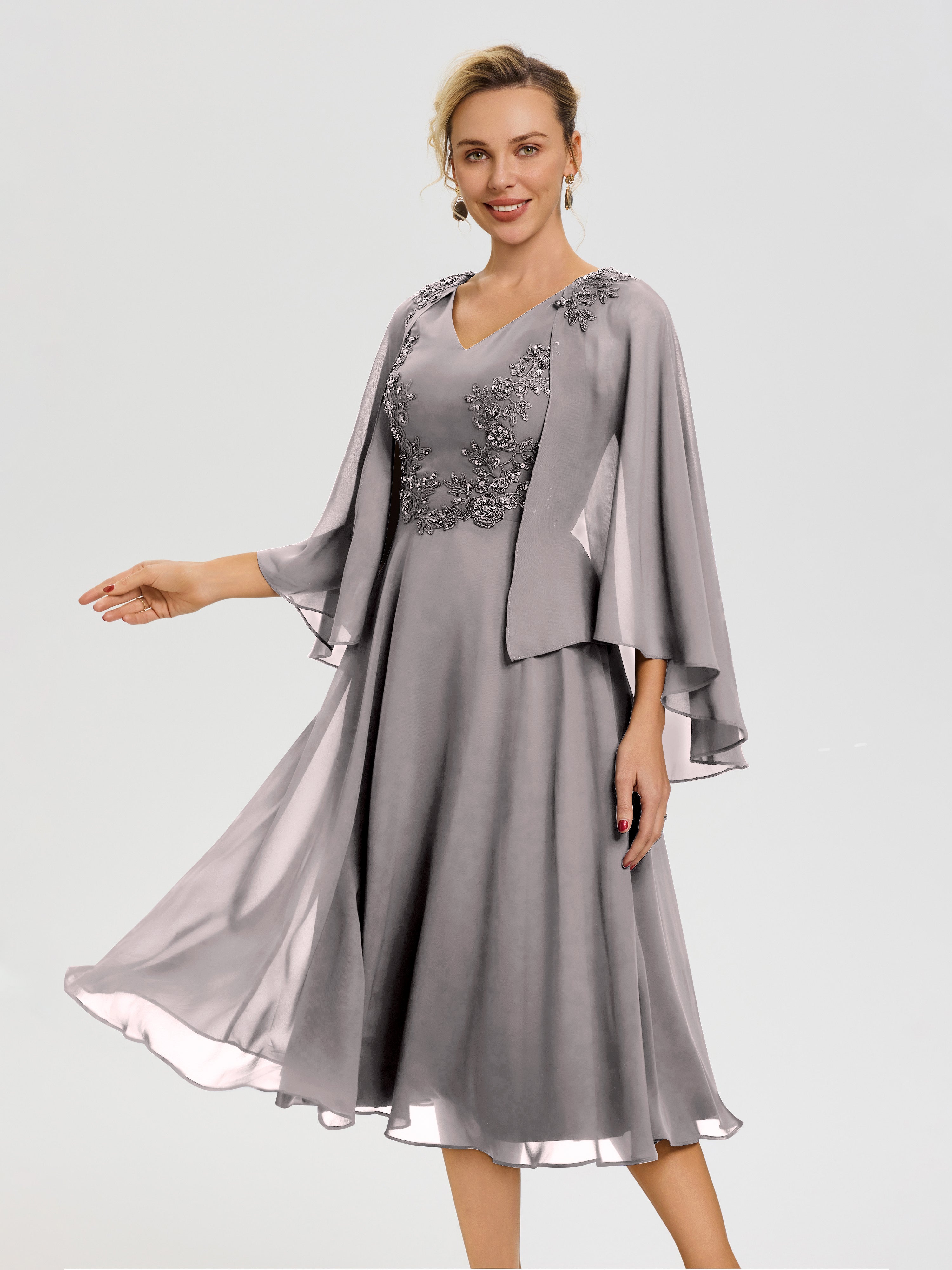 Silver Mother Of The Bride Dress A-Line Appliques 3/4 Sleeves V-Neck Tea-Length Chiffon Mother Of The Bride Dress Silver Mother Of The Bride Dress A-Line Appliques 3/4 Sleeves V-Neck Tea-Length Chiffon Mother Of The Bride Dress