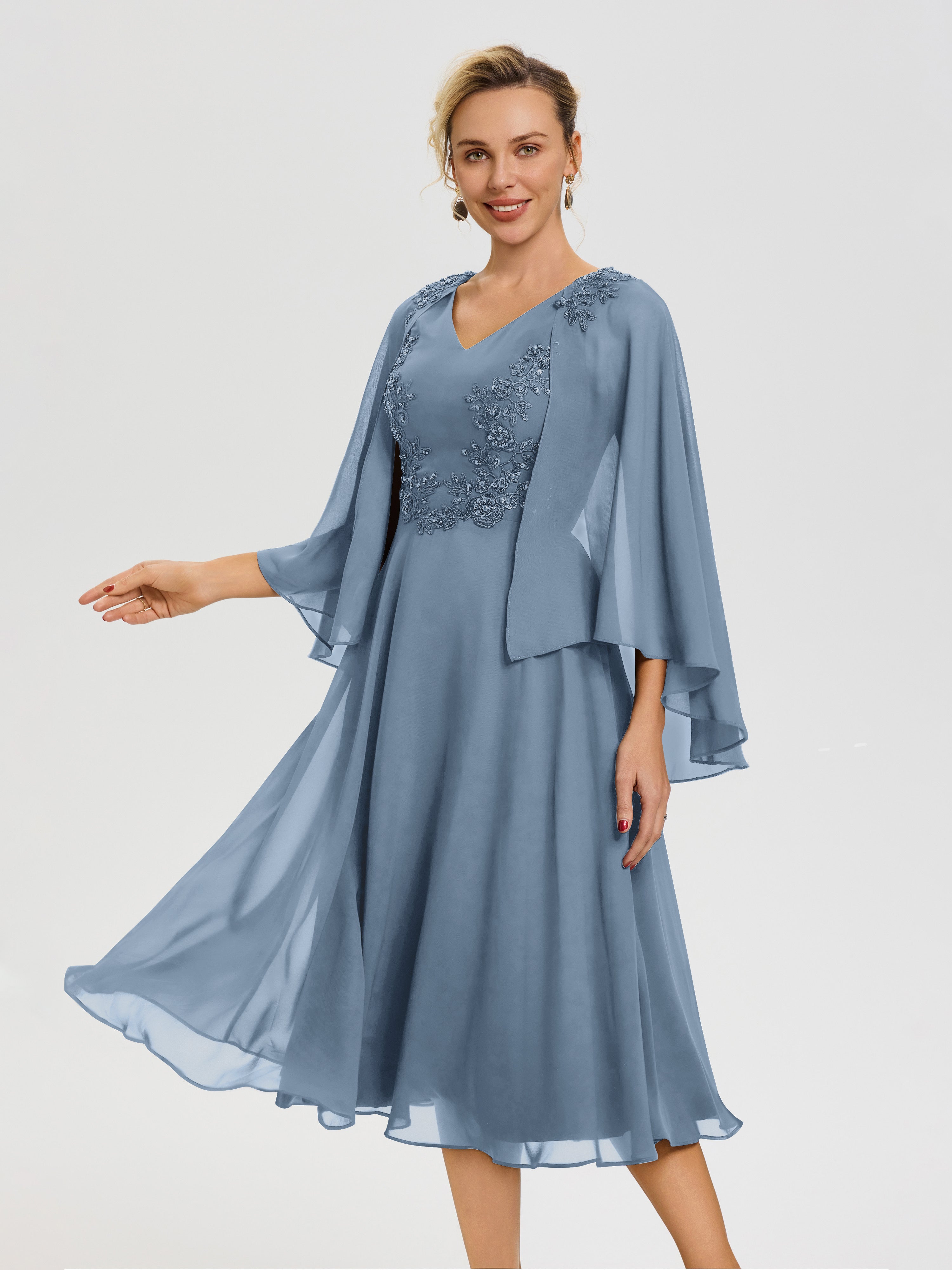 Slate Blue Dress Mother Of The Bride A-Line Appliques 3/4 Sleeves V-Ne Slate Blue Dress Mother Of The Bride A-Line Appliques 3/4 Sleeves V-Ne