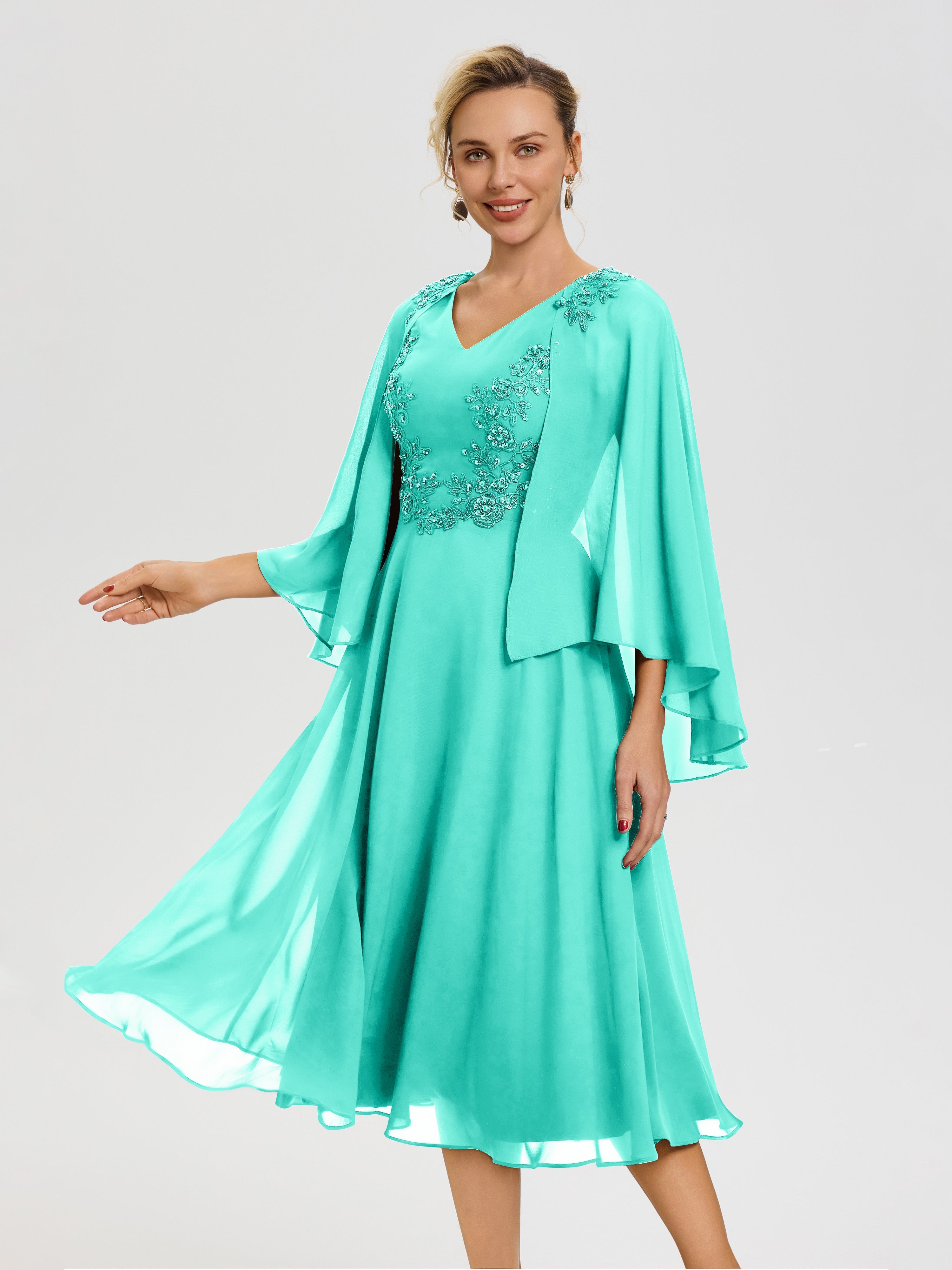 Spa Mother Of The Bride Dresses A-Line Appliques 3/4 Sleeves V-Neck Te Spa Mother Of The Bride Dresses A-Line Appliques 3/4 Sleeves V-Neck Te