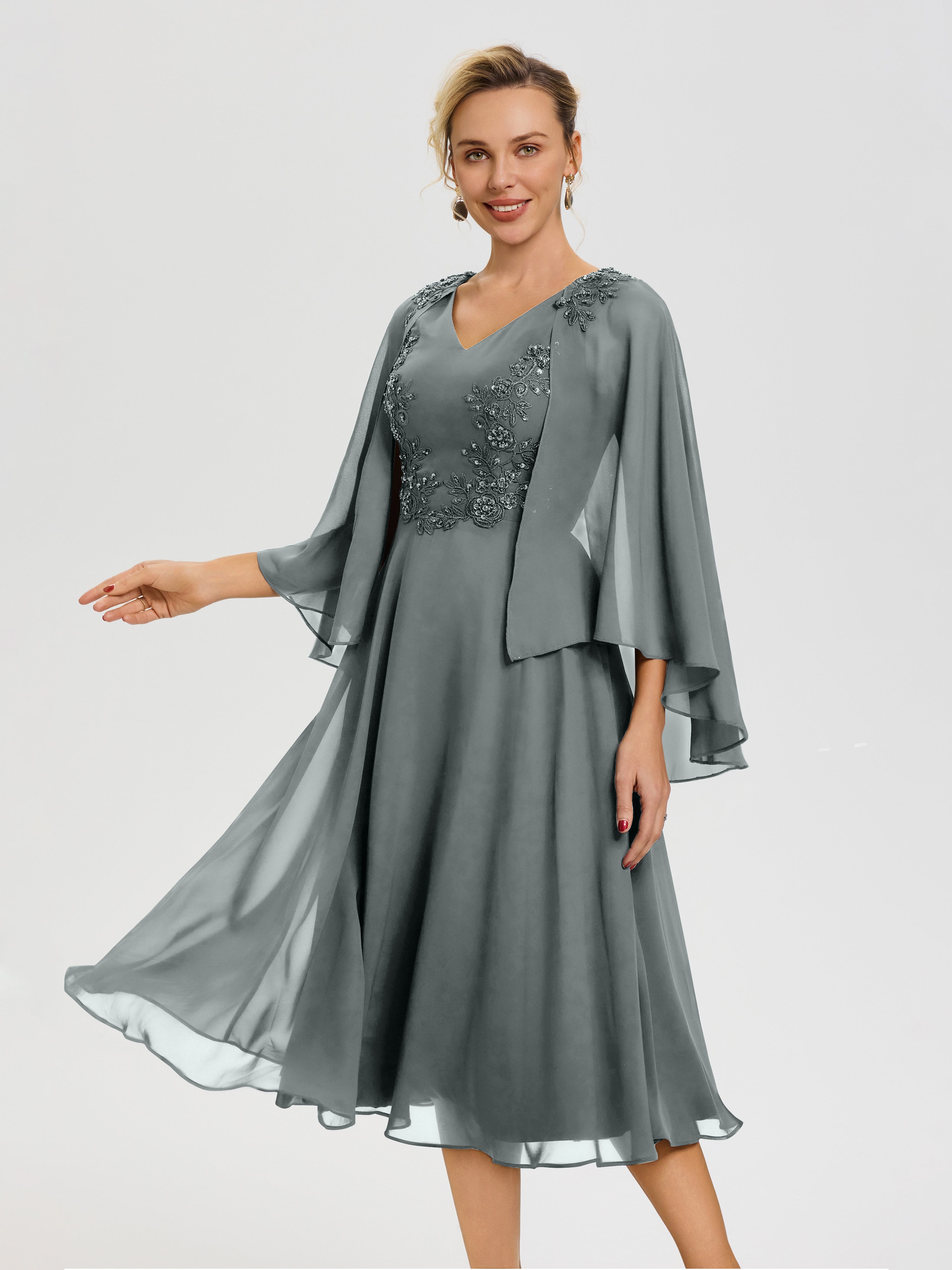 Steel Grey Mother of The Bride A-Line Appliques 3/4 Sleeves V-Neck Tea-Length Chiffon Mother of The Bride Dress Steel Grey Mother of The Bride A-Line Appliques 3/4 Sleeves V-Neck Tea-Length Chiffon Mother of The Bride Dress