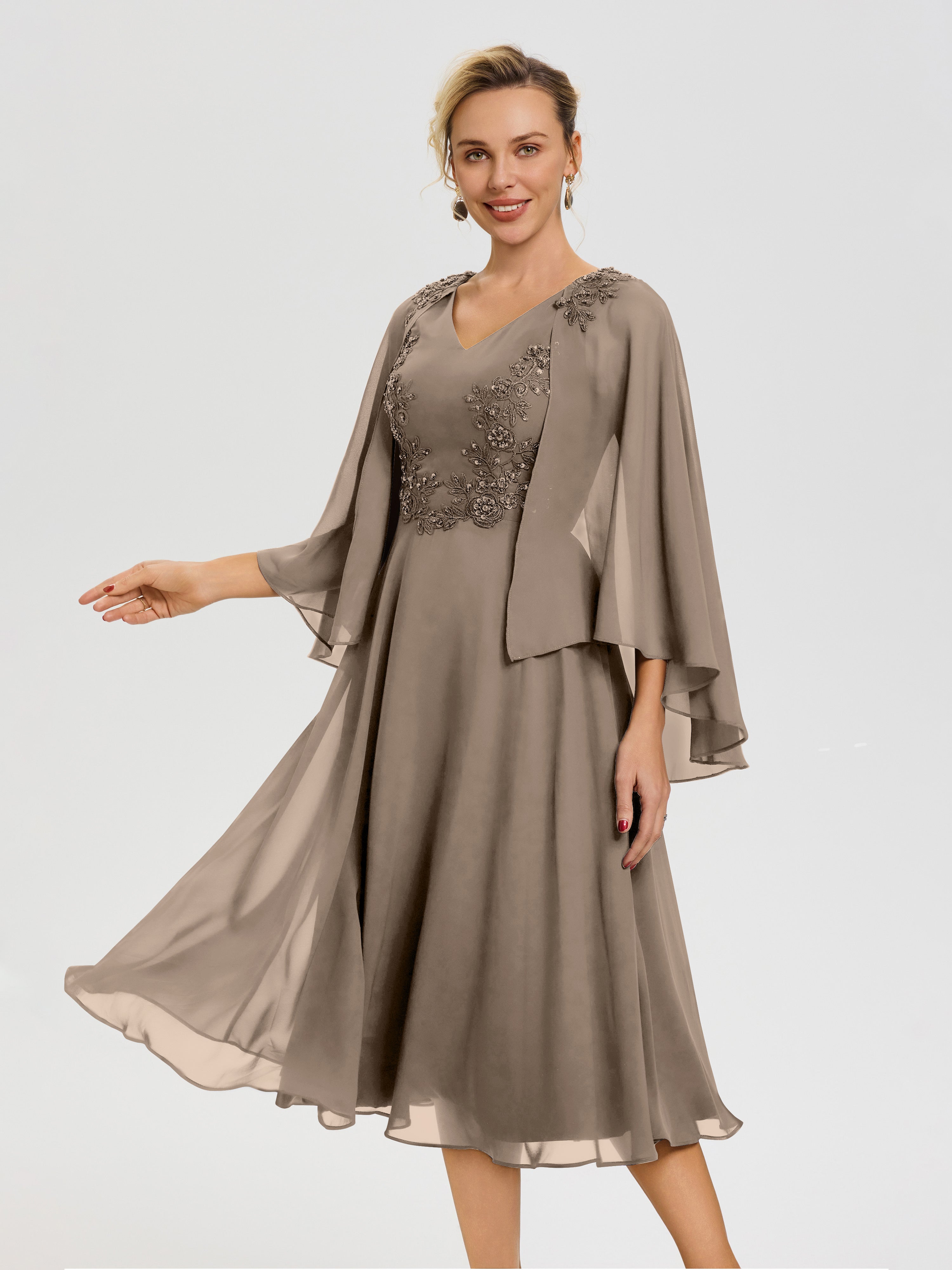 Taupe Mother Of The Bride Gowns A-Line Appliques 3/4 Sleeves V-Neck Tea-Length Chiffon Mother Of The Bride Dress Taupe Mother Of The Bride Gowns A-Line Appliques 3/4 Sleeves V-Neck Tea-Length Chiffon Mother Of The Bride Dress
