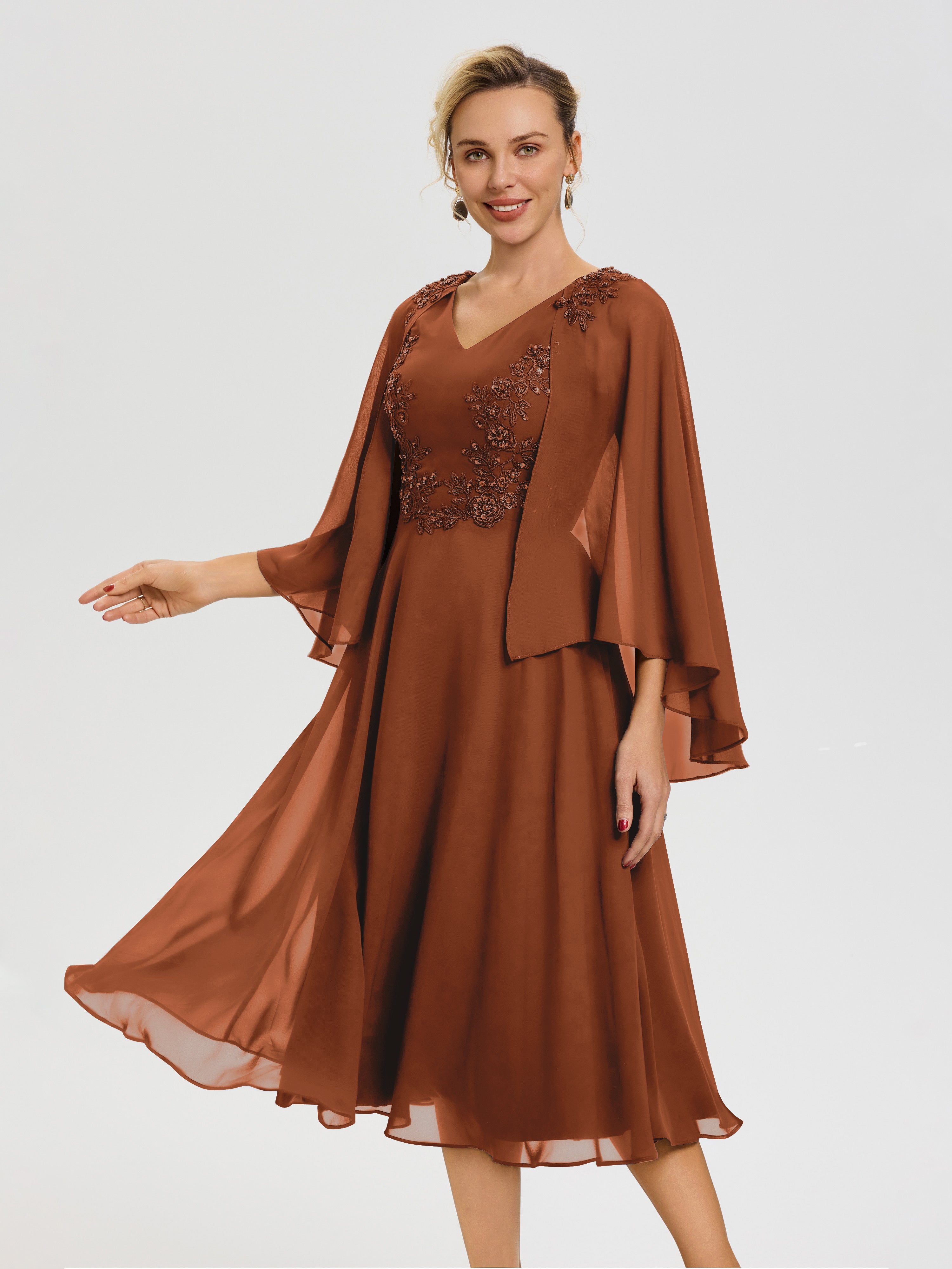 Terracotta Mother of The Bride Dresses A-Line Appliques 3/4 Sleeves V-Neck Tea-Length Chiffon Mother of The Bride Dress Terracotta Mother of The Bride Dresses A-Line Appliques 3/4 Sleeves V-Neck Tea-Length Chiffon Mother of The Bride Dress