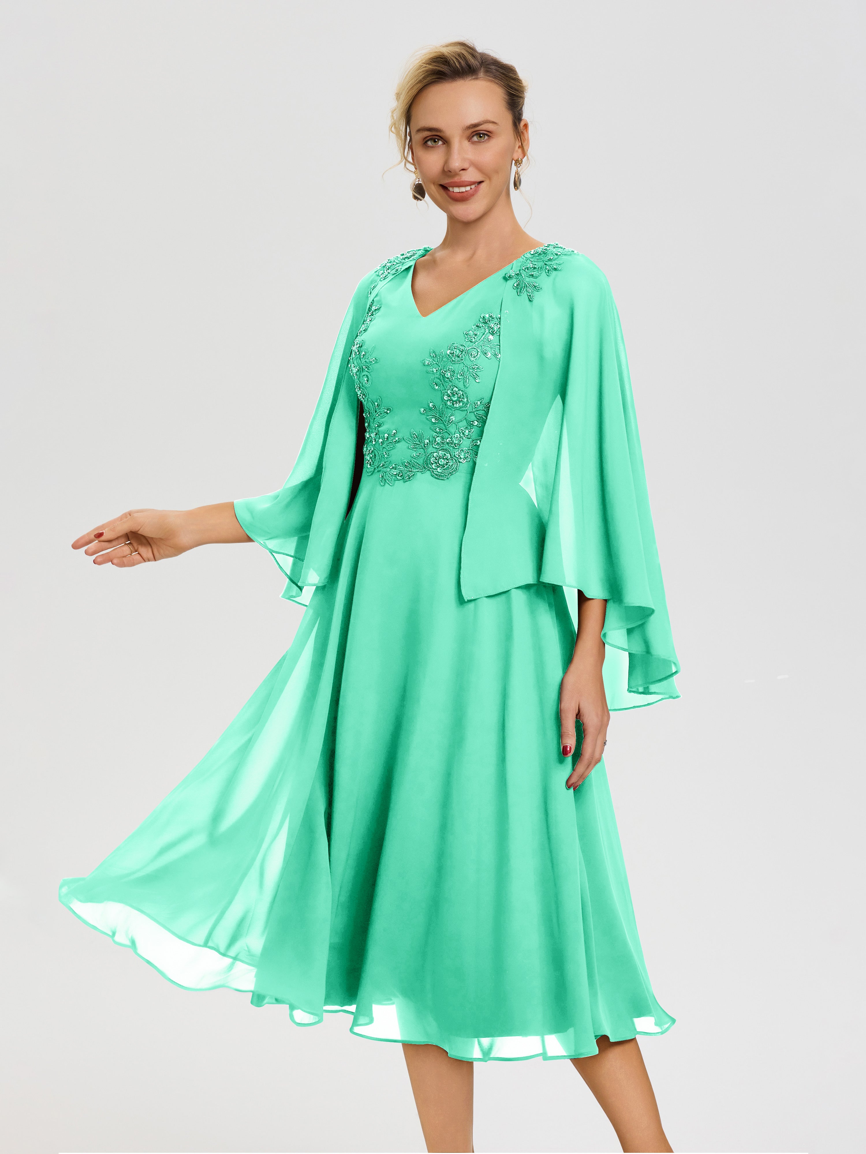 Turquoise Mother of The Bride Dresses A-Line Appliques 3/4 Sleeves V-Neck Tea-Length Chiffon Mother of The Bride Dress Turquoise Mother of The Bride Dresses A-Line Appliques 3/4 Sleeves V-Neck Tea-Length Chiffon Mother of The Bride Dress