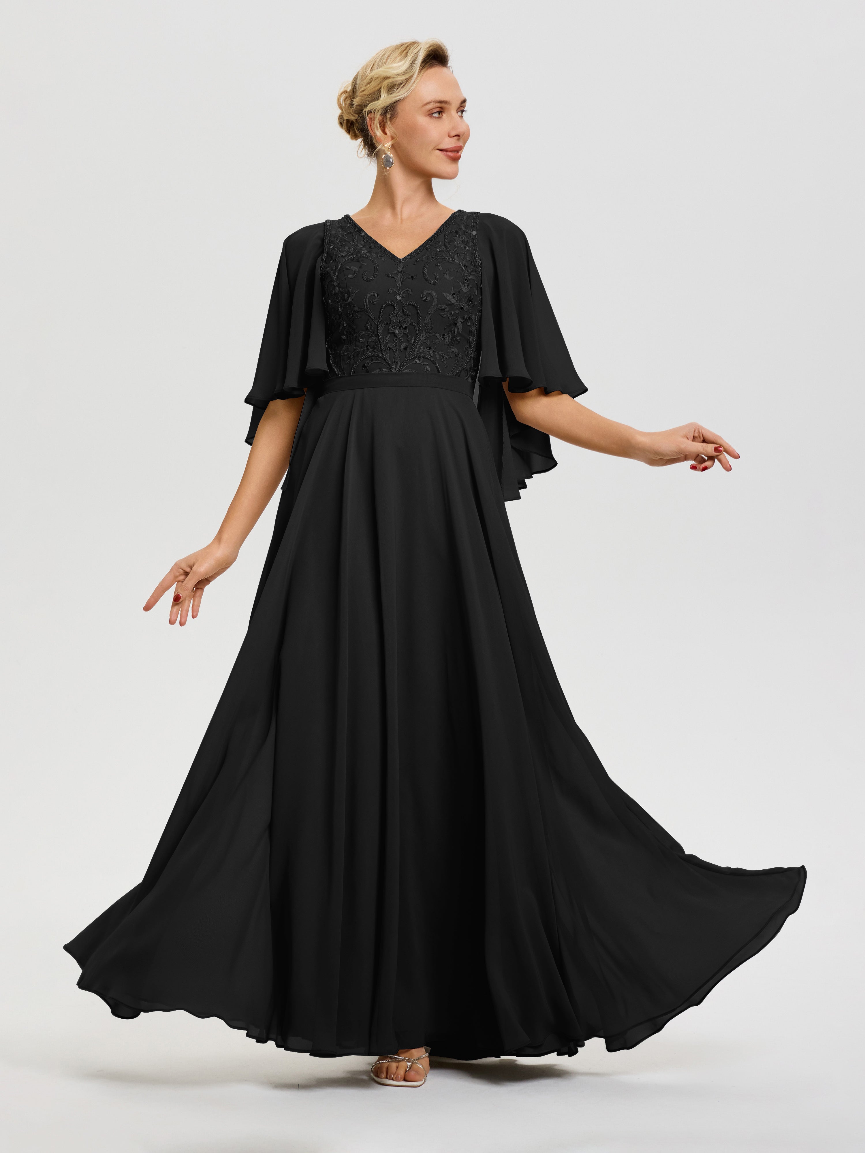 half sleeve black dress Midi Wedding Guest Dress with Half Sleeves and Pleated V-Neck