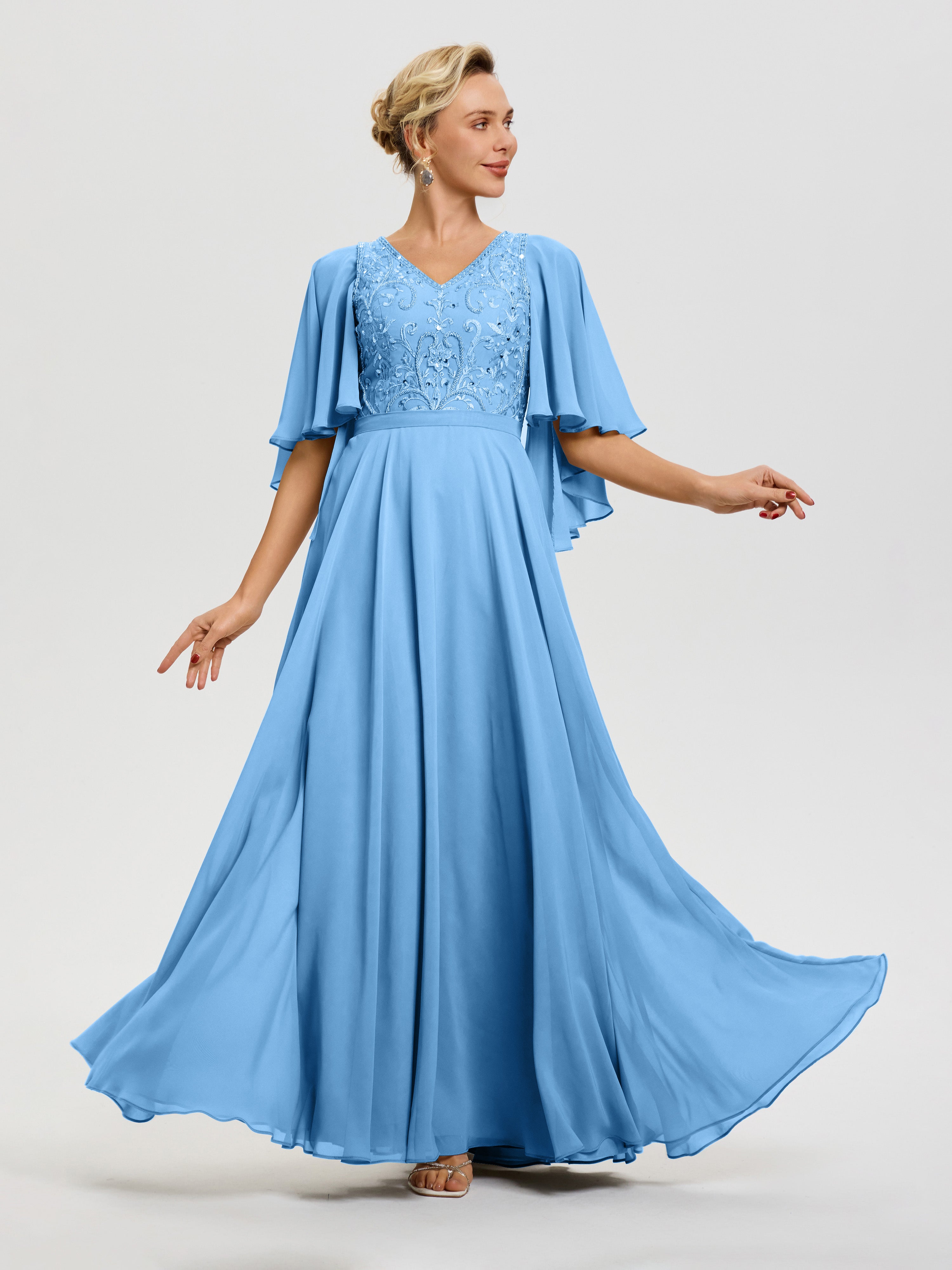 Blue Mother Of The Bride Dresses V-Neck A-Line Half Sleeves Ruched Zip
