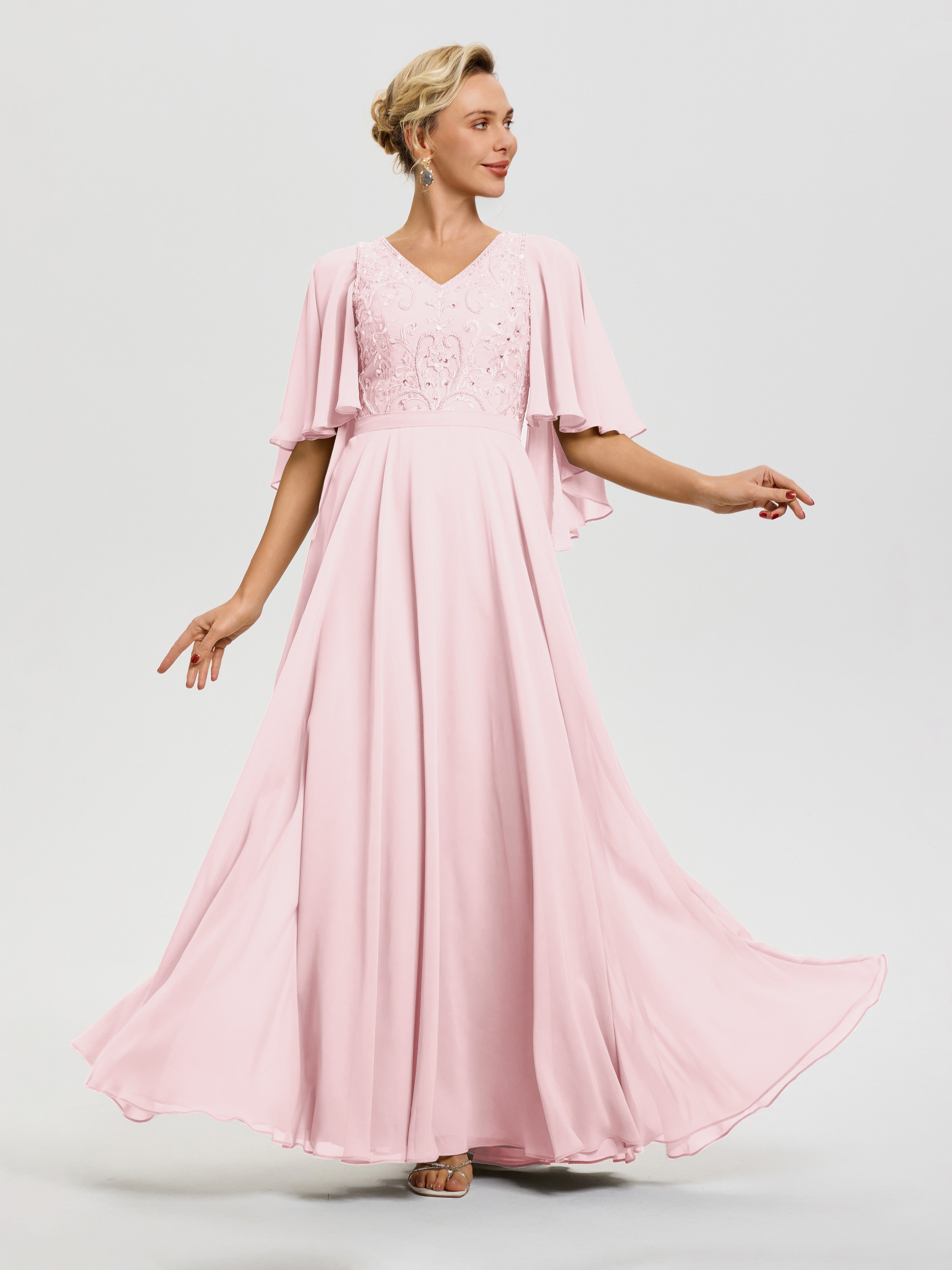 Blush Pink Mother Of The Bride Dresses V-Neck A-Line Half Sleeves Ruched Zipper Long Chiffon Mother Of The Bride Dress Blush Pink Mother Of The Bride Dresses V-Neck A-Line Half Sleeves Ruched Zipper Long Chiffon Mother Of The Bride Dress