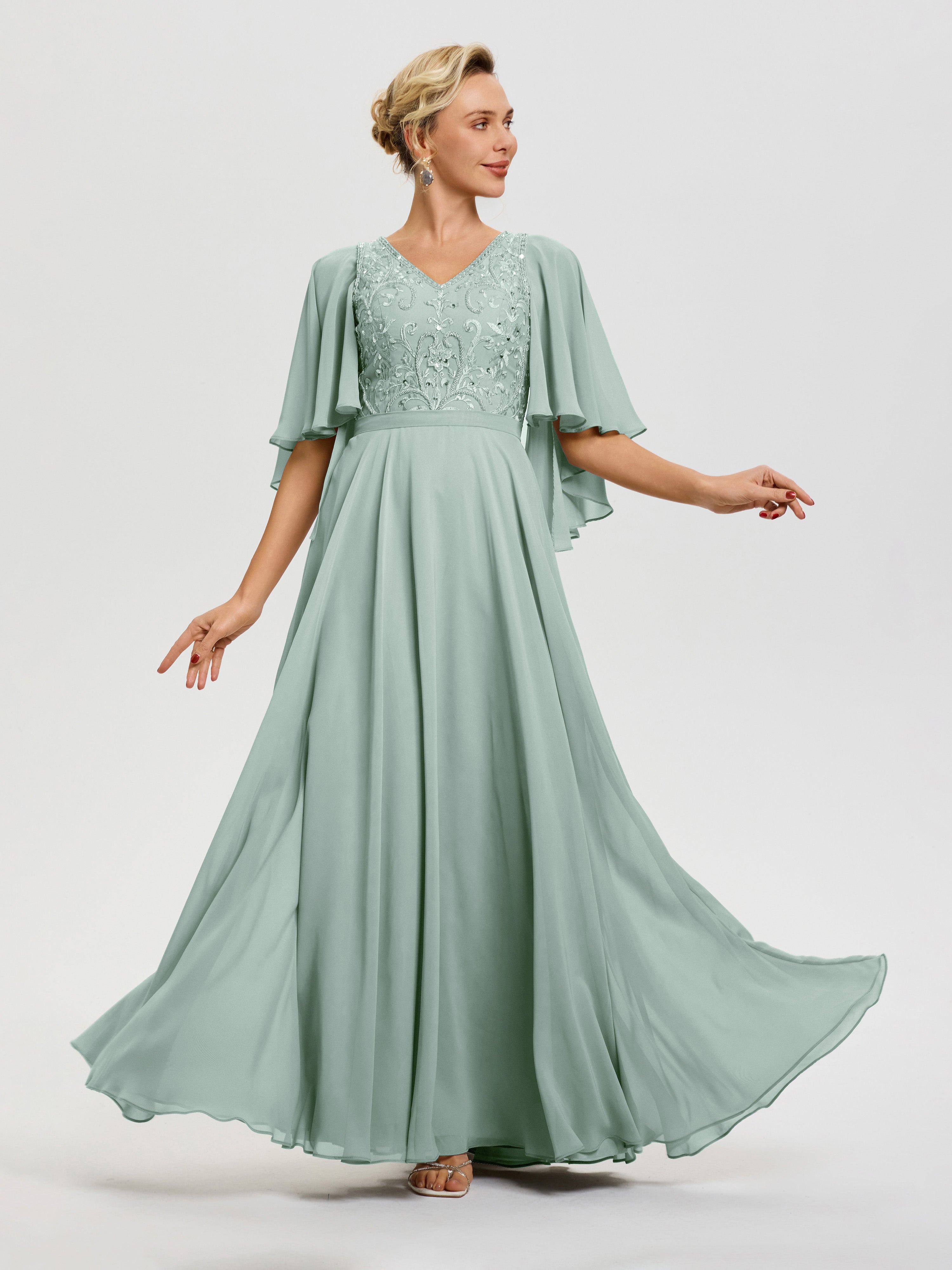 Celadon Mother Of The Bride Outfits V-Neck A-Line Half Sleeves Ruched Zipper Long Chiffon Mother Of The Bride Dress