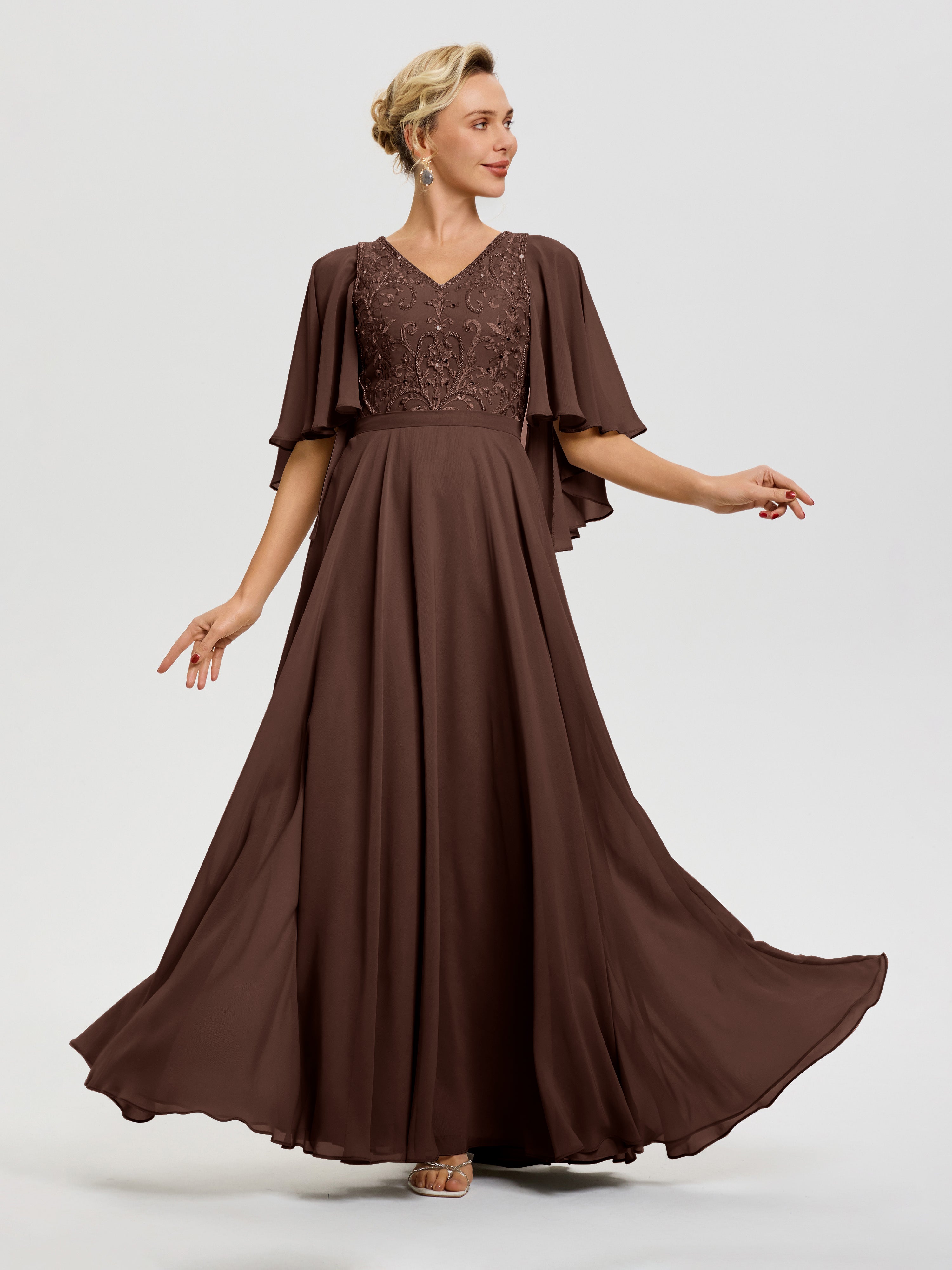 Chocolate Mother Of The Bride Dresses V-Neck A-Line Half Sleeves Ruche