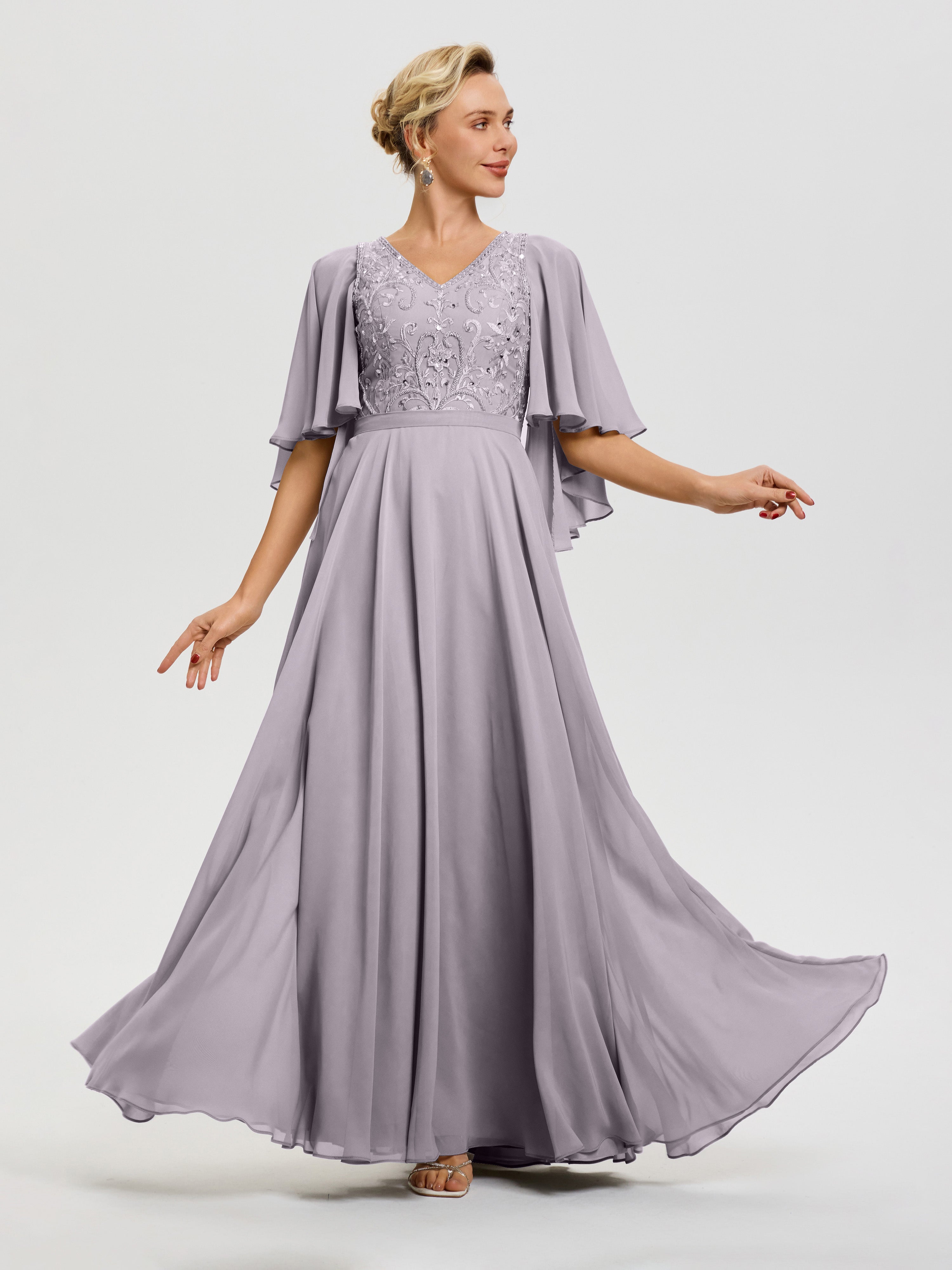 Dusk Mother Of The Bride Dresses V-Neck A-Line Half Sleeves Ruched Zipper Long Chiffon Mother Of The Bride Dress Dusk Mother Of The Bride Dresses V-Neck A-Line Half Sleeves Ruched Zipper Long Chiffon Mother Of The Bride Dress