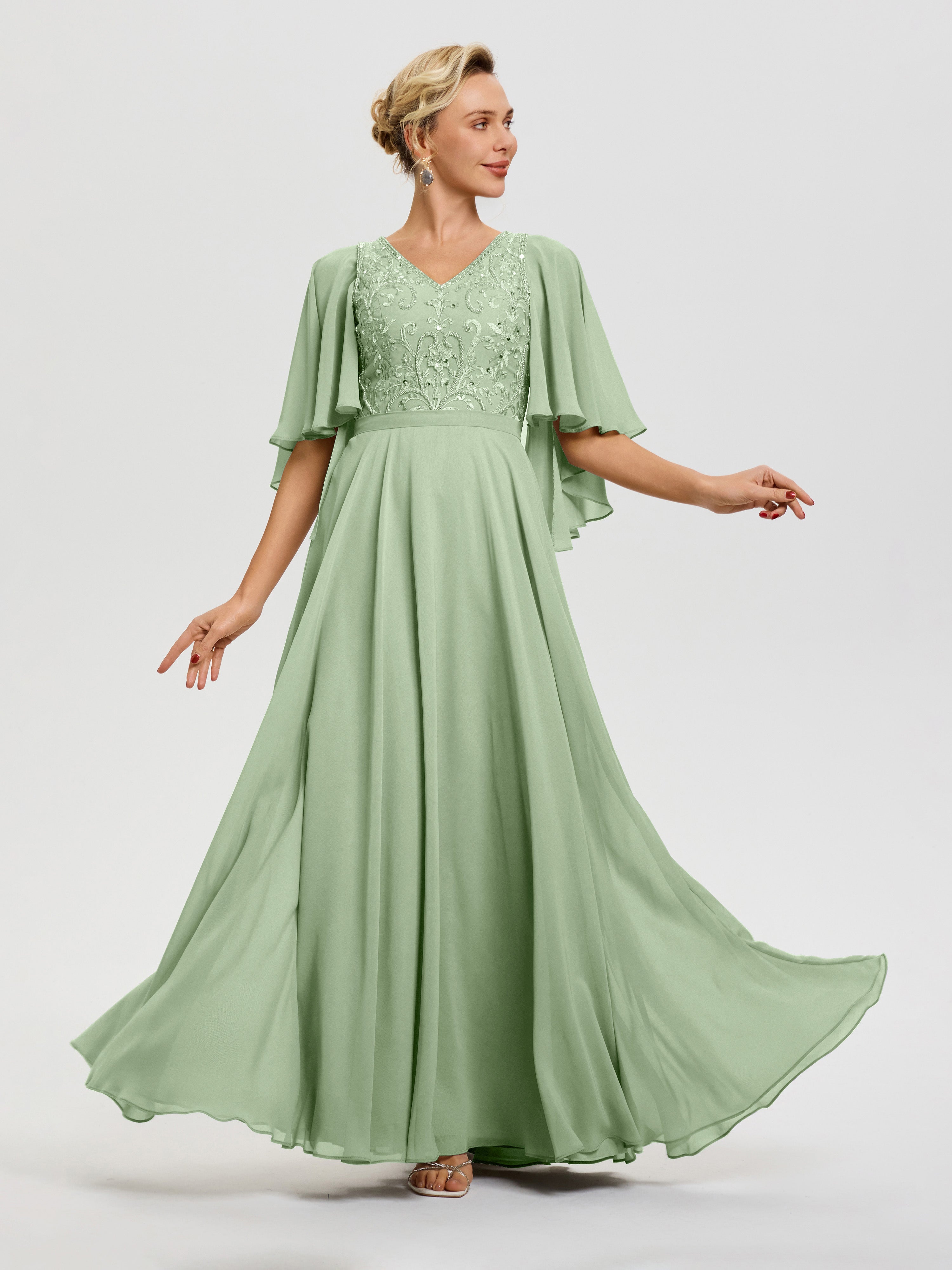 dusty sage green mother of the bride dress Dusty Sage Mother Of The Bride Dress V-Neck A-Line Half Sleeves Ruched Zipper Long Chiffon Mother Of The Bride Dress