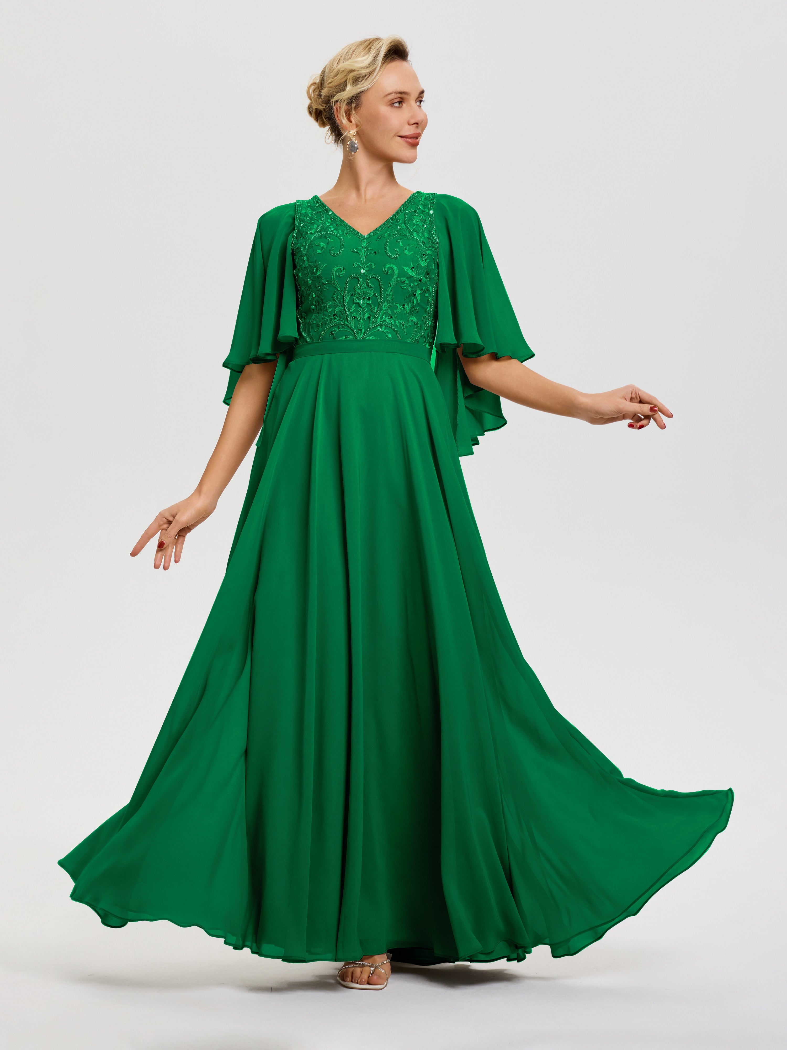 Emerald Green Dress For Mother Of The Bride V-Neck A-Line Half Sleeves Ruched Zipper Long Chiffon Mother Of The Bride Dress Emerald Green Dress For Mother Of The Bride V-Neck A-Line Half Sleeves Ruched Zipper Long Chiffon Mother Of The Bride Dress