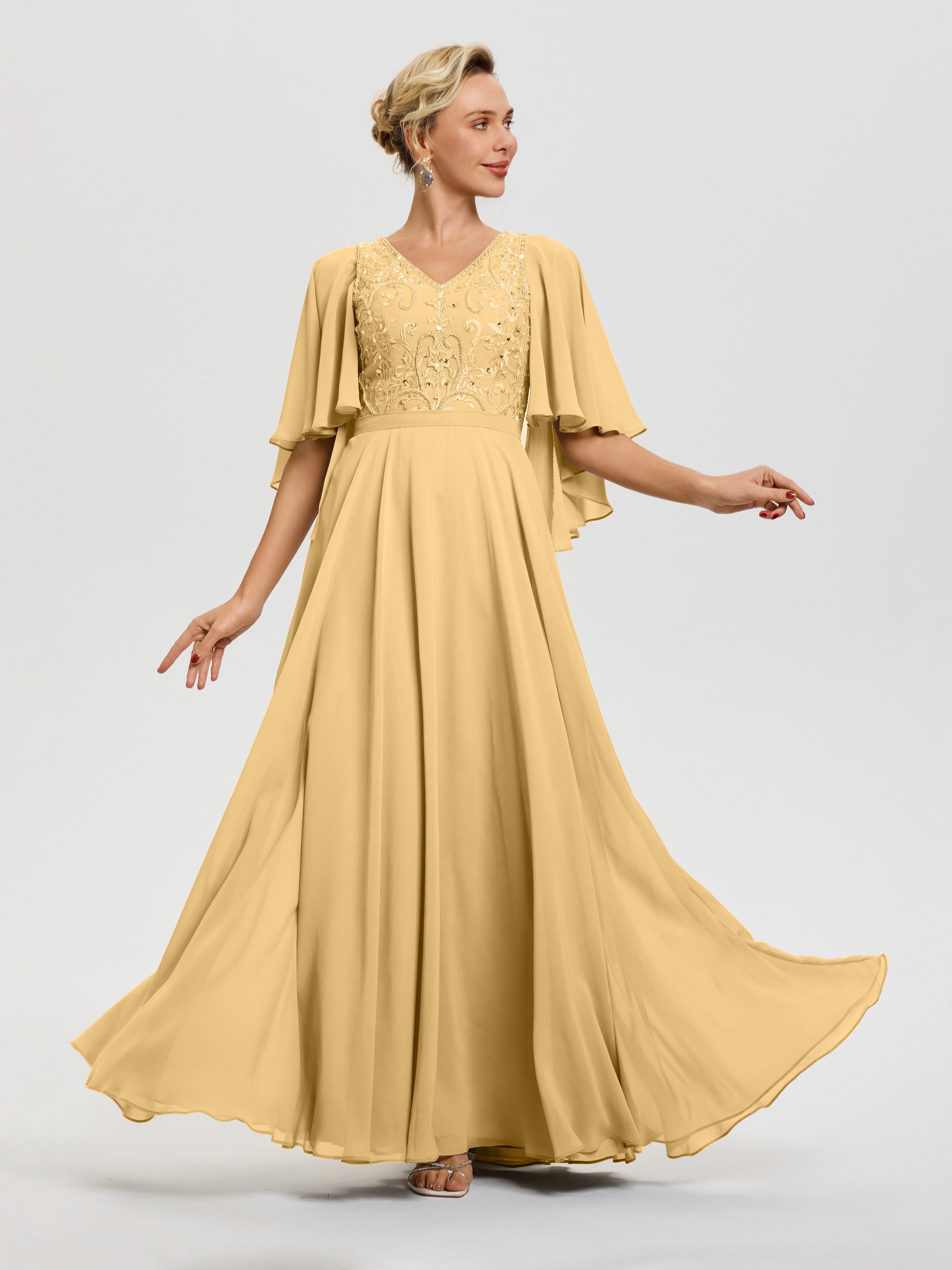 Elegant Gold Mother Of The Bride Dresses V-Neck A-Line Half Sleeves Ruched Zipper Long Chiffon Mother Of The Bride Dress Elegant Gold Mother Of The Bride Dresses V-Neck A-Line Half Sleeves Ruched Zipper Long Chiffon Mother Of The Bride Dress