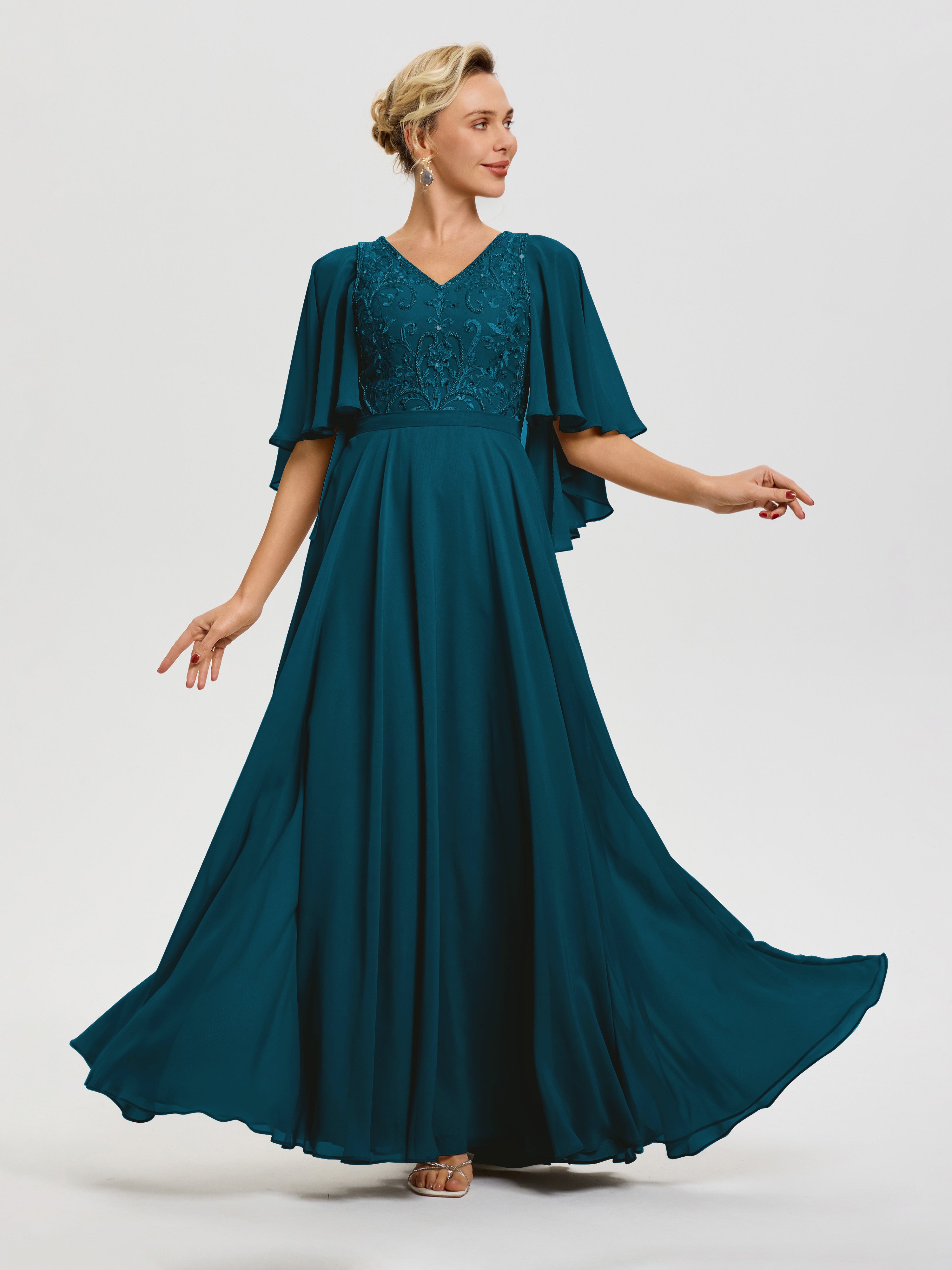 Ink Blue Mother Of The Bride Dress V-Neck A-Line Half Sleeves Ruched Zipper Long Chiffon Mother Of The Bride Dress Ink Blue Mother Of The Bride Dress V-Neck A-Line Half Sleeves Ruched Zipper Long Chiffon Mother Of The Bride Dress
