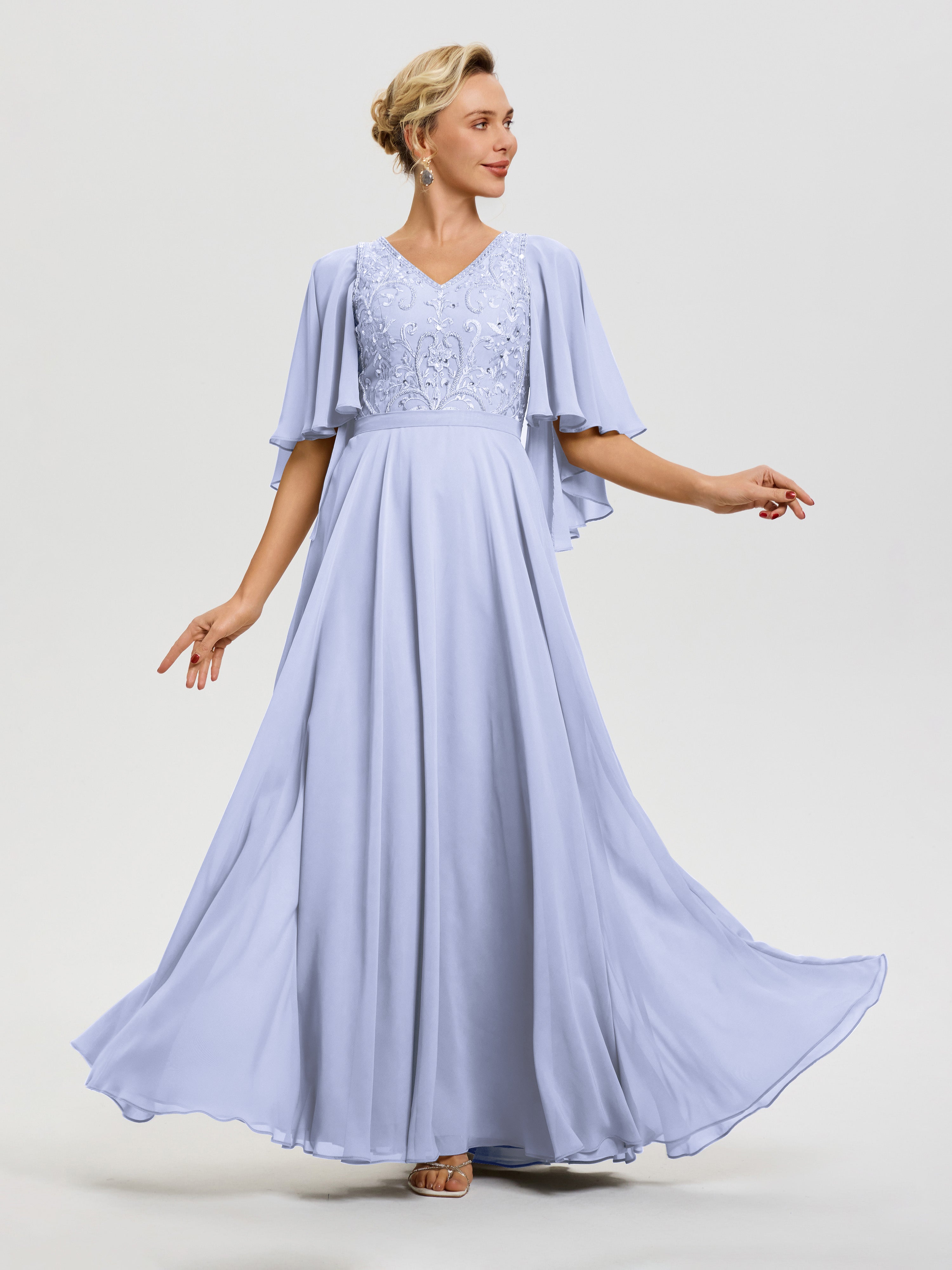 Mother Of The Bride Lavender Dress V-Neck A-Line Half Sleeves Ruched Zipper Long Chiffon Mother Of The Bride Dress Mother Of The Bride Lavender Dress V-Neck A-Line Half Sleeves Ruched Zipper Long Chiffon Mother Of The Bride Dress