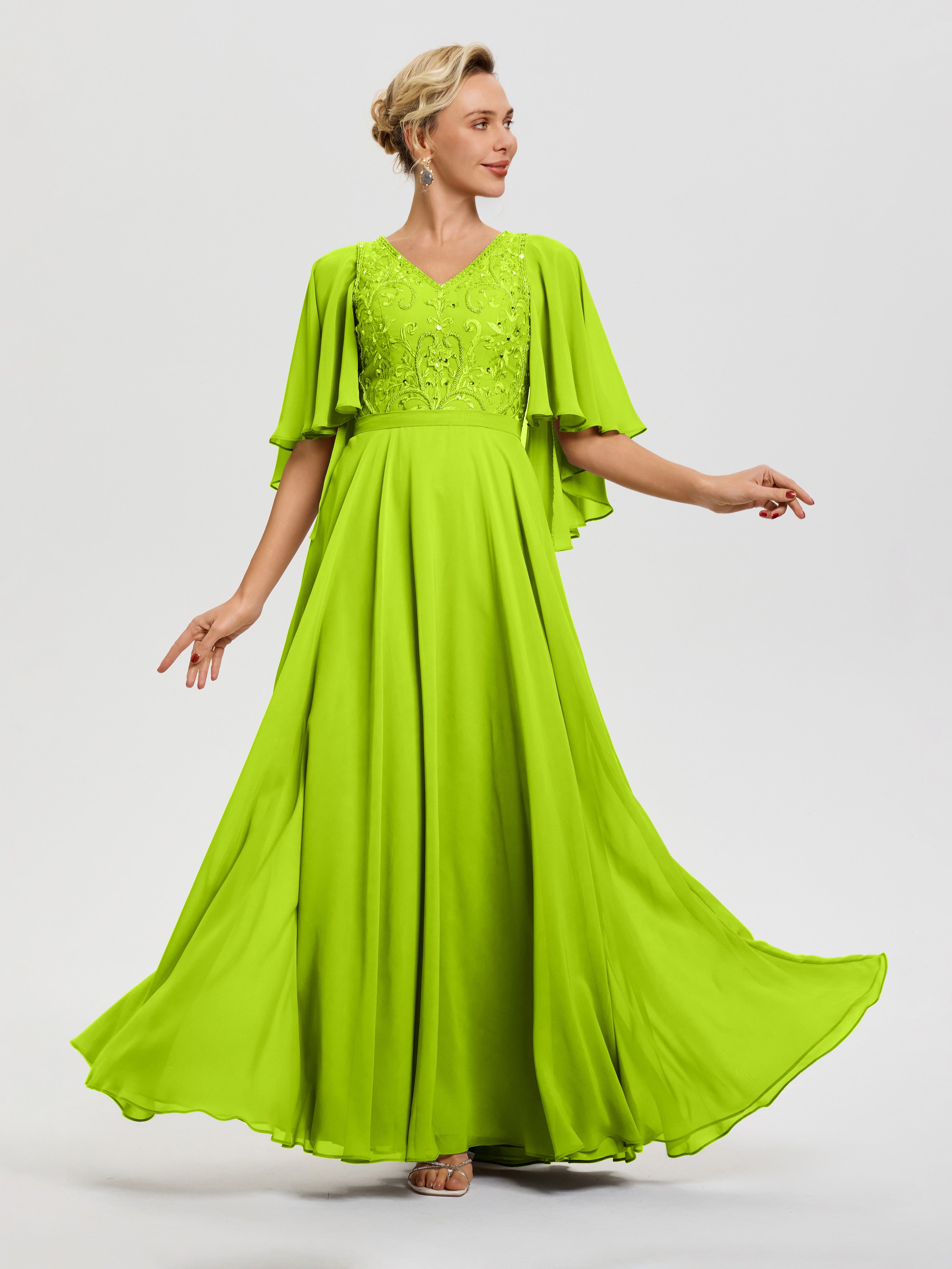 Lime Green Mother Of The Bride V-Neck A-Line Half Sleeves Ruched Zipper Long Chiffon Mother Of The Bride Dress Lime Green Mother Of The Bride V-Neck A-Line Half Sleeves Ruched Zipper Long Chiffon Mother Of The Bride Dress