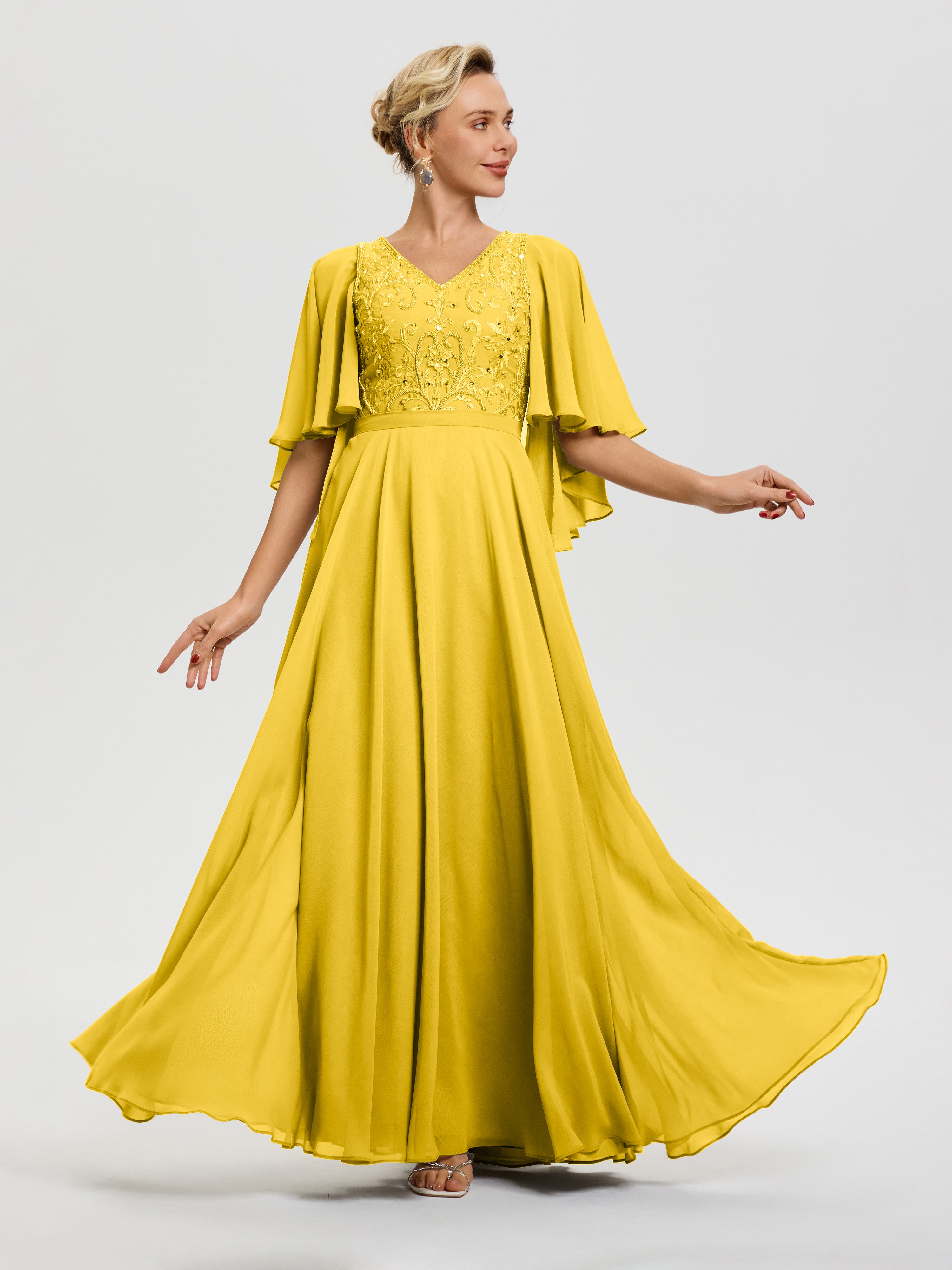 Mother Of The Bride Marigold Dresses V-Neck A-Line Half Sleeves Ruched Zipper Long Chiffon Mother Of The Bride Dress