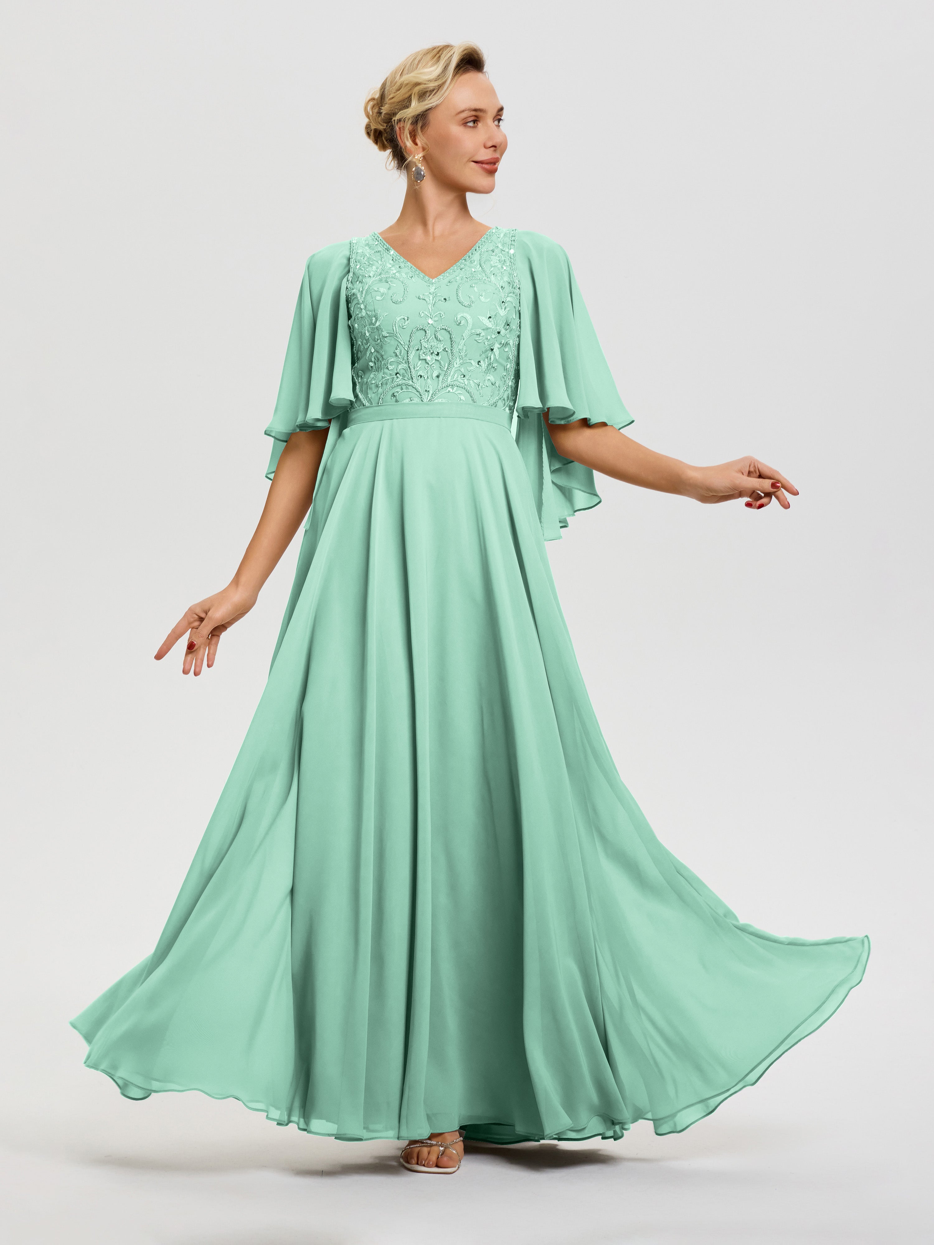 Mother Of The Bride Dress Mint Green V-Neck A-Line Half Sleeves Ruched Mother Of The Bride Dress Mint Green V-Neck A-Line Half Sleeves Ruched