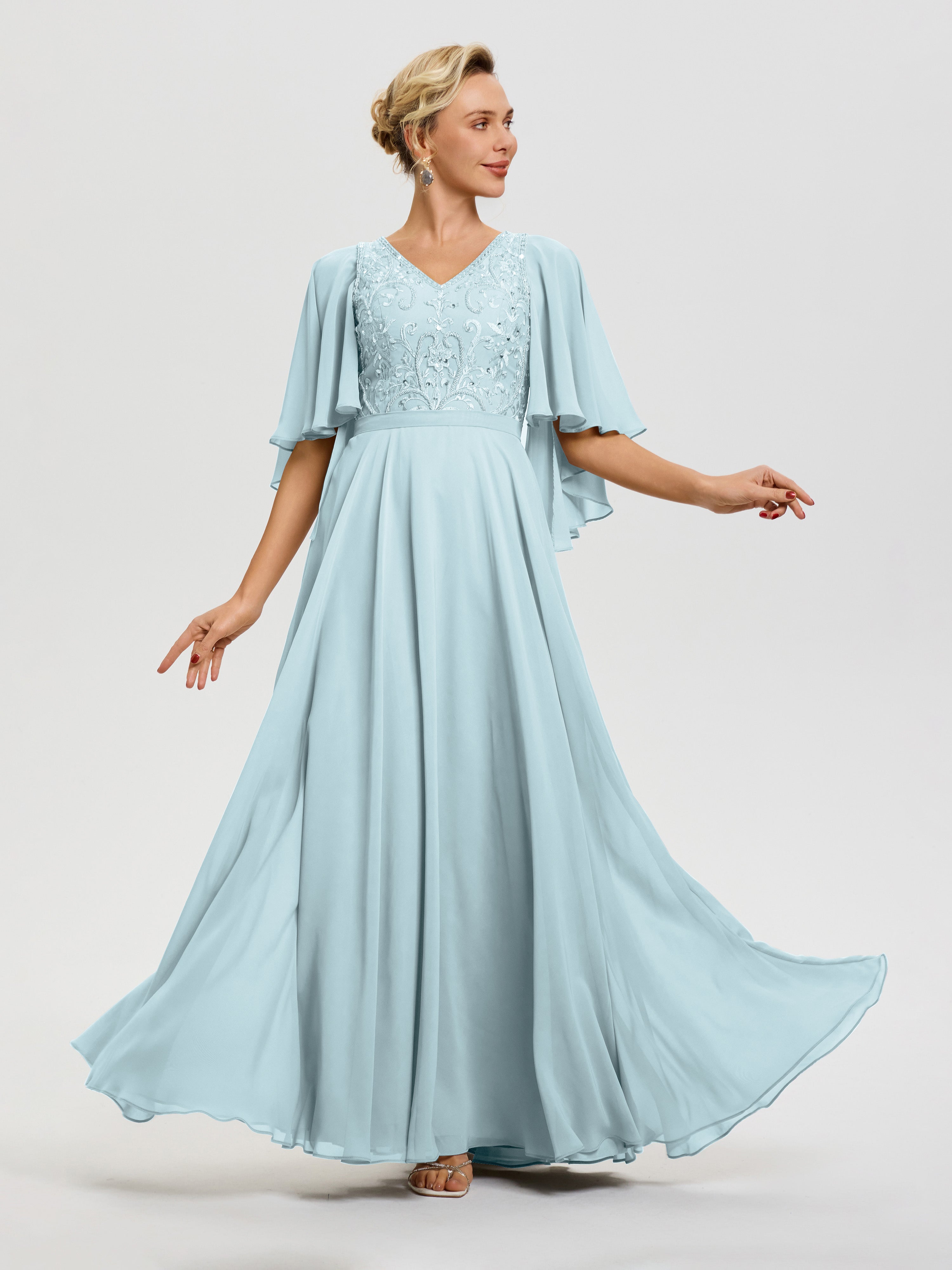 Mother Of The Bride Dresses Mist V-Neck A-Line Half Sleeves Ruched Zipper Long Chiffon Mother Of The Bride Dress Mother Of The Bride Dresses Mist V-Neck A-Line Half Sleeves Ruched Zipper Long Chiffon Mother Of The Bride Dress