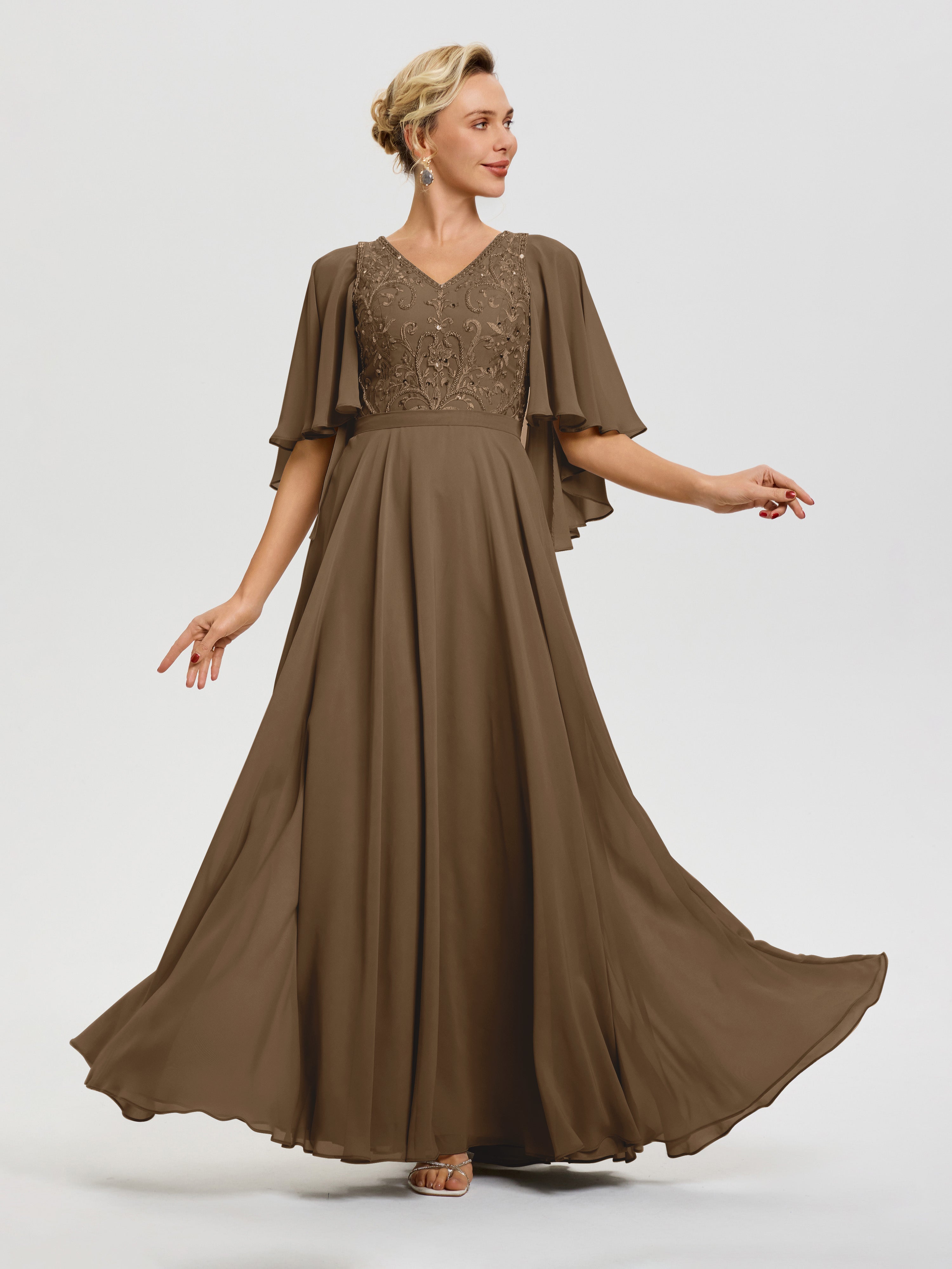 Mocha Mother Of The Bride Dresses V-Neck A-Line Half Sleeves Ruched Zipper Long Chiffon Mother Of The Bride Dress Mocha Mother Of The Bride Dresses V-Neck A-Line Half Sleeves Ruched Zipper Long Chiffon Mother Of The Bride Dress