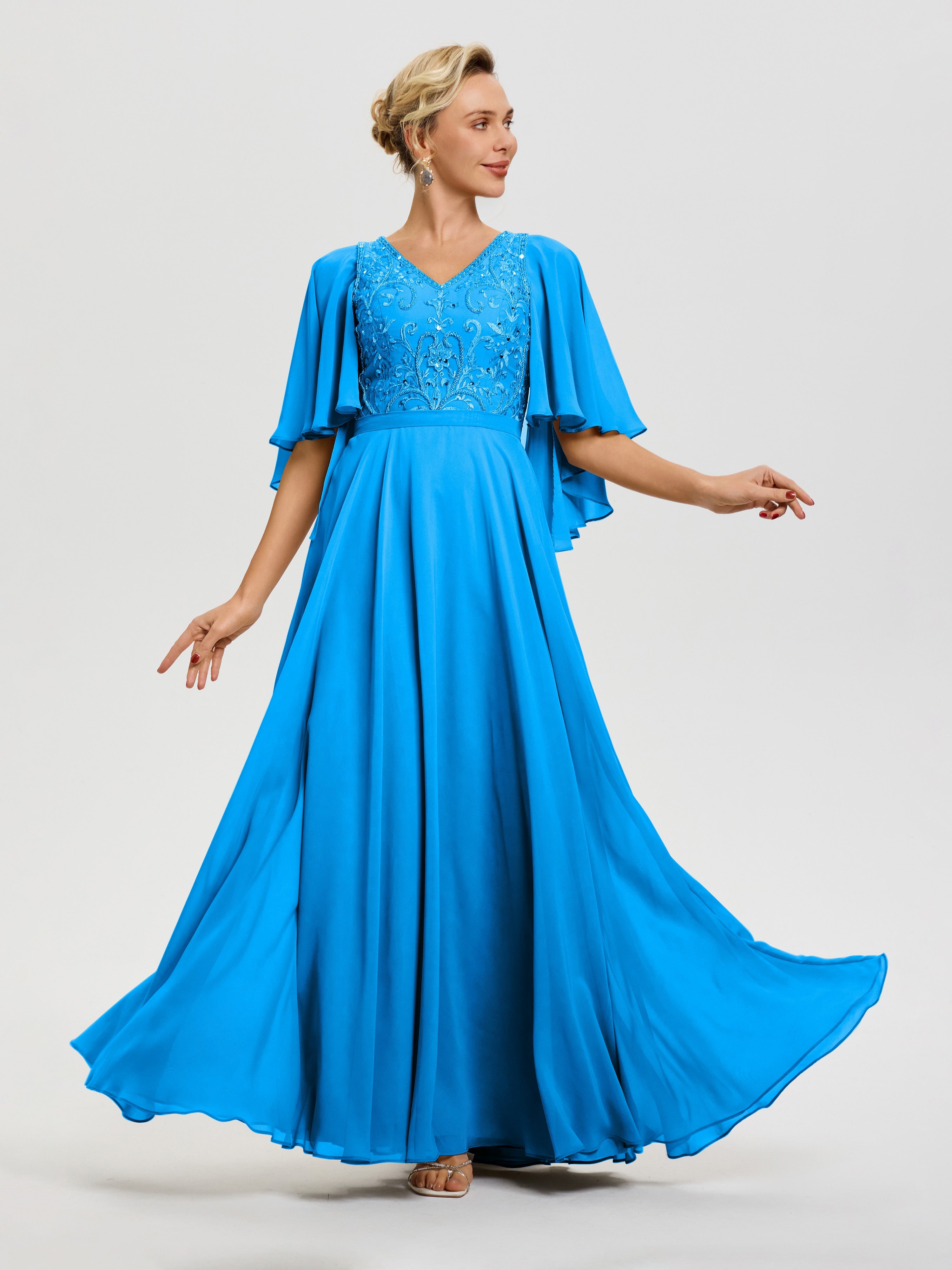 Mother Of The Bride Ocean Blue Gown V-Neck A-Line Half Sleeves Ruched Zipper Long Chiffon Mother Of The Bride Dress