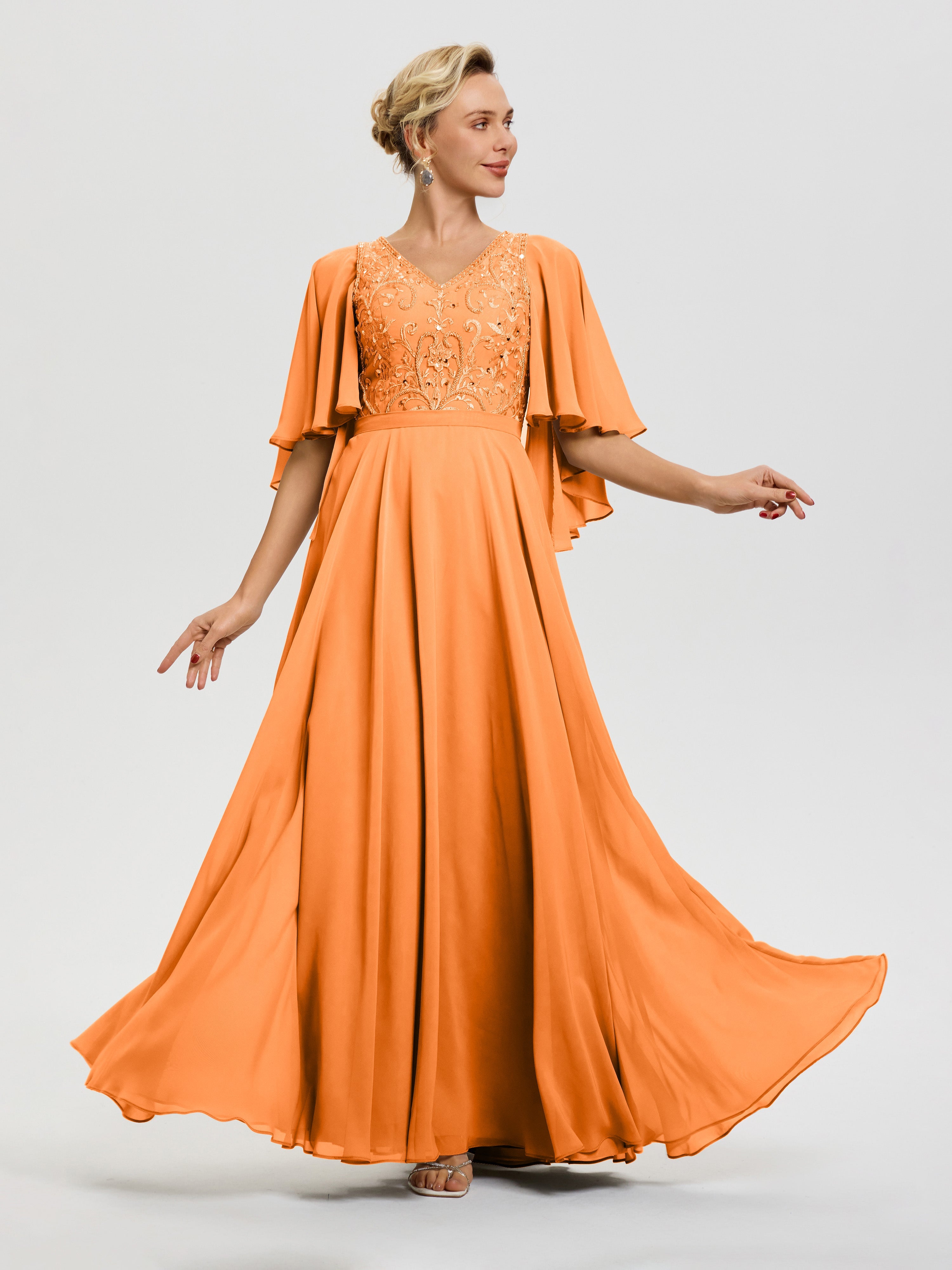 Mother Of The Bride Dresses Orange V-Neck A-Line Half Sleeves Ruched Z Mother Of The Bride Dresses Orange V-Neck A-Line Half Sleeves Ruched Z