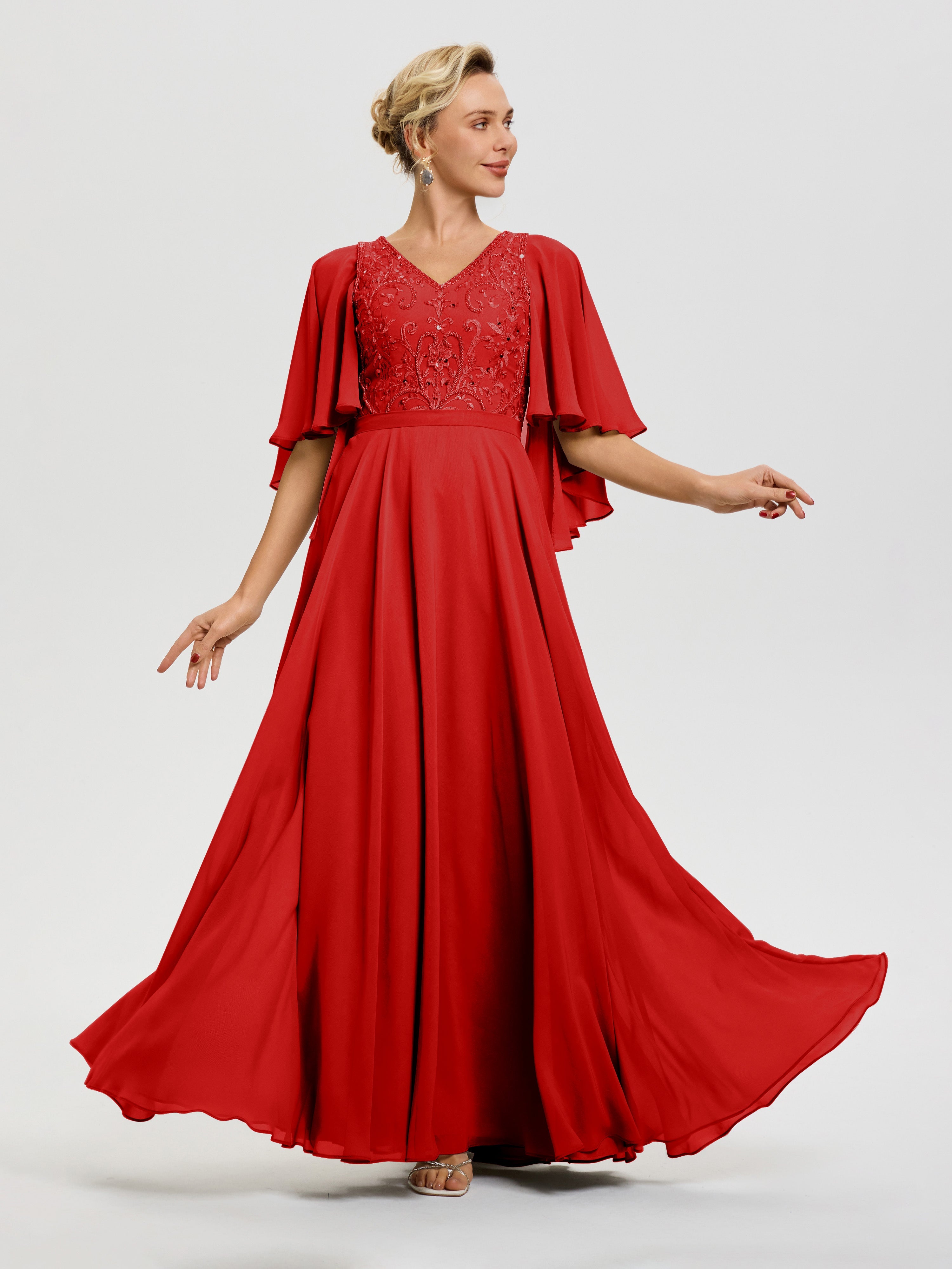 Red Mother Of The Bride Dress V-Neck A-Line Half Sleeves Ruched Zipper Long Chiffon Mother Of The Bride Dress Red Mother Of The Bride Dress V-Neck A-Line Half Sleeves Ruched Zipper Long Chiffon Mother Of The Bride Dress