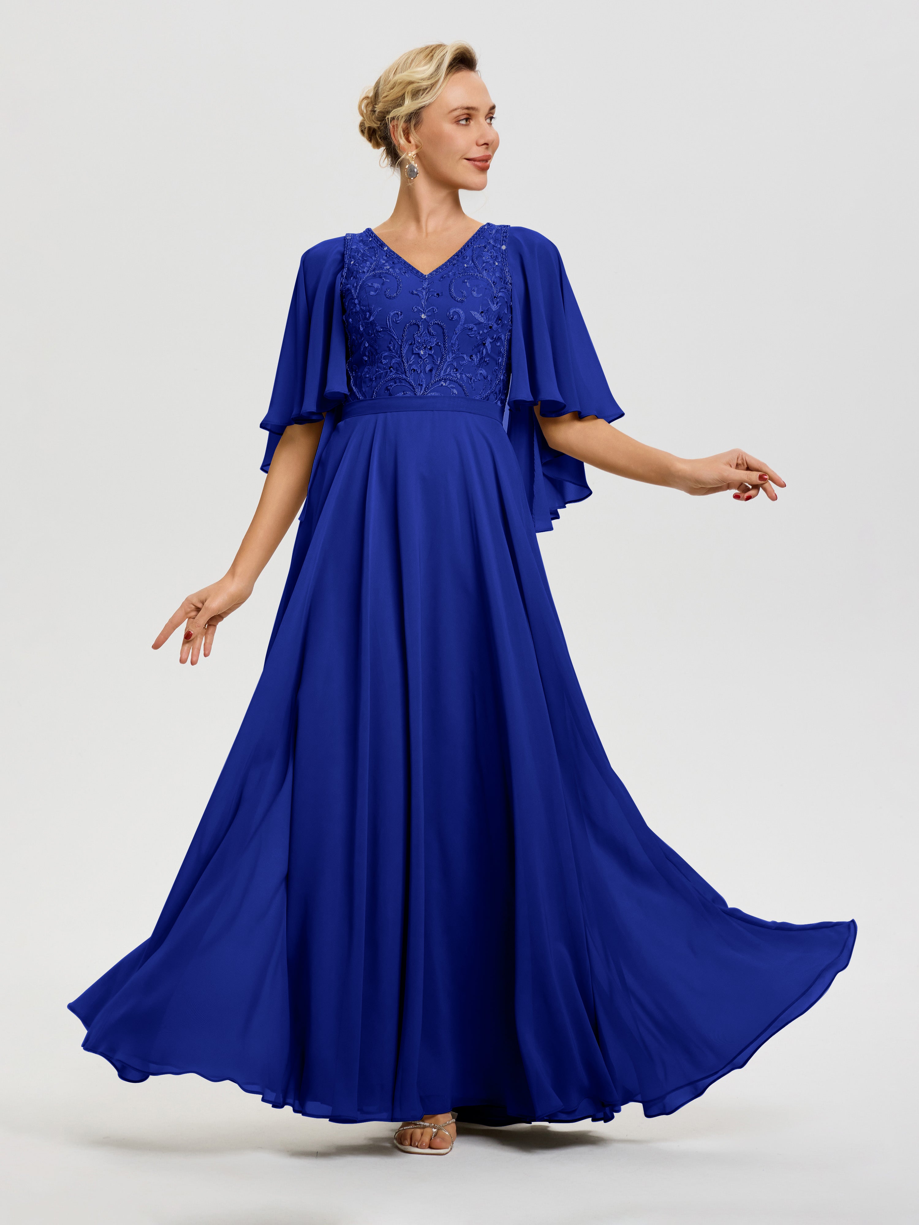 Royal Blue Dress For Wedding Mother Of The Bride V-Neck A-Line Half Sleeves Ruched Zipper Long Chiffon Mother Of The Bride Dress Royal Blue Dress For Wedding Mother Of The Bride V-Neck A-Line Half Sleeves Ruched Zipper Long Chiffon Mother Of The Bride Dress