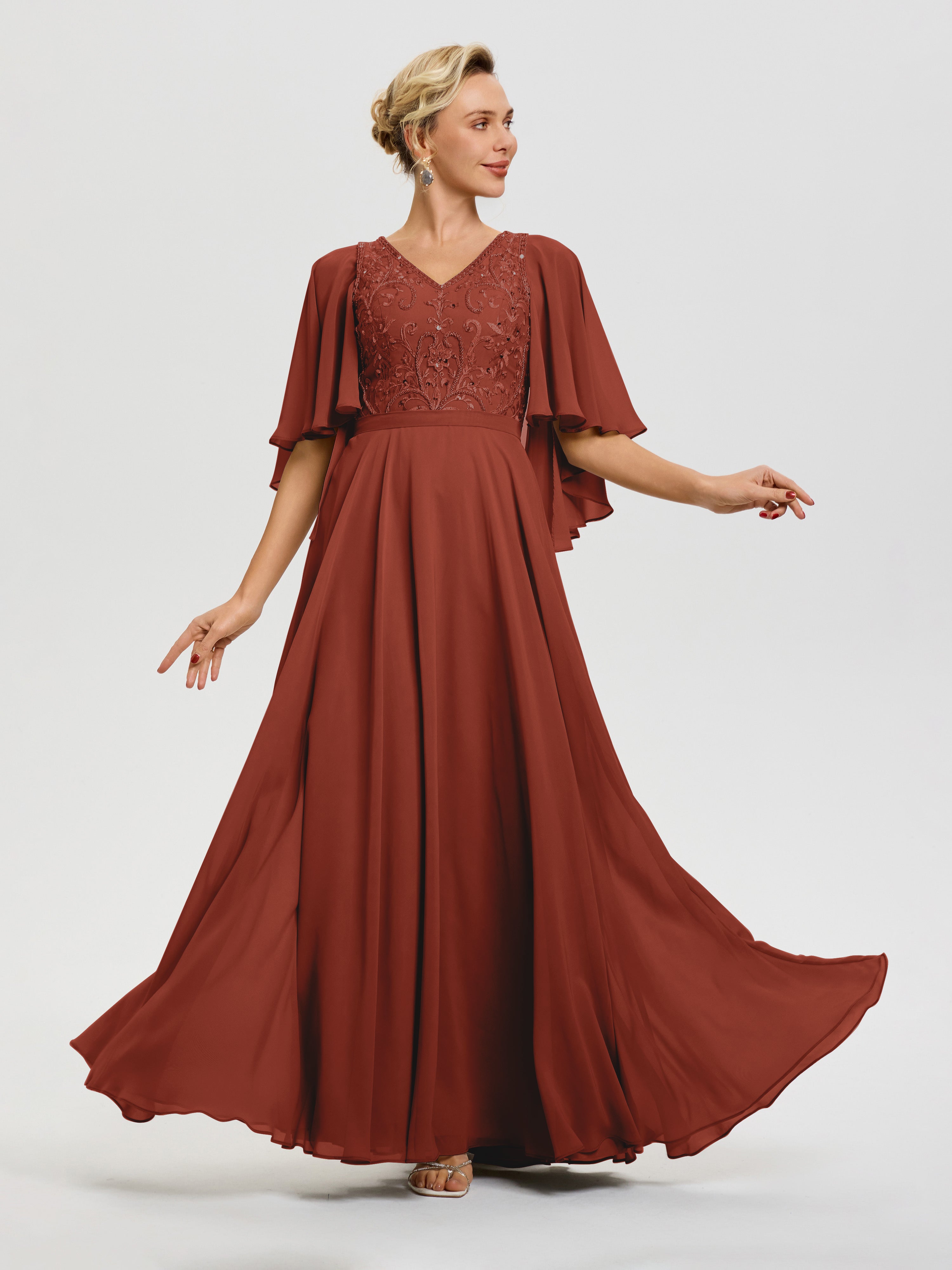 Rust Color Mother Of The Bride Dresses V-Neck A-Line Half Sleeves Ruched Zipper Long Chiffon Mother Of The Bride Dress Rust Color Mother Of The Bride Dresses V-Neck A-Line Half Sleeves Ruched Zipper Long Chiffon Mother Of The Bride Dress