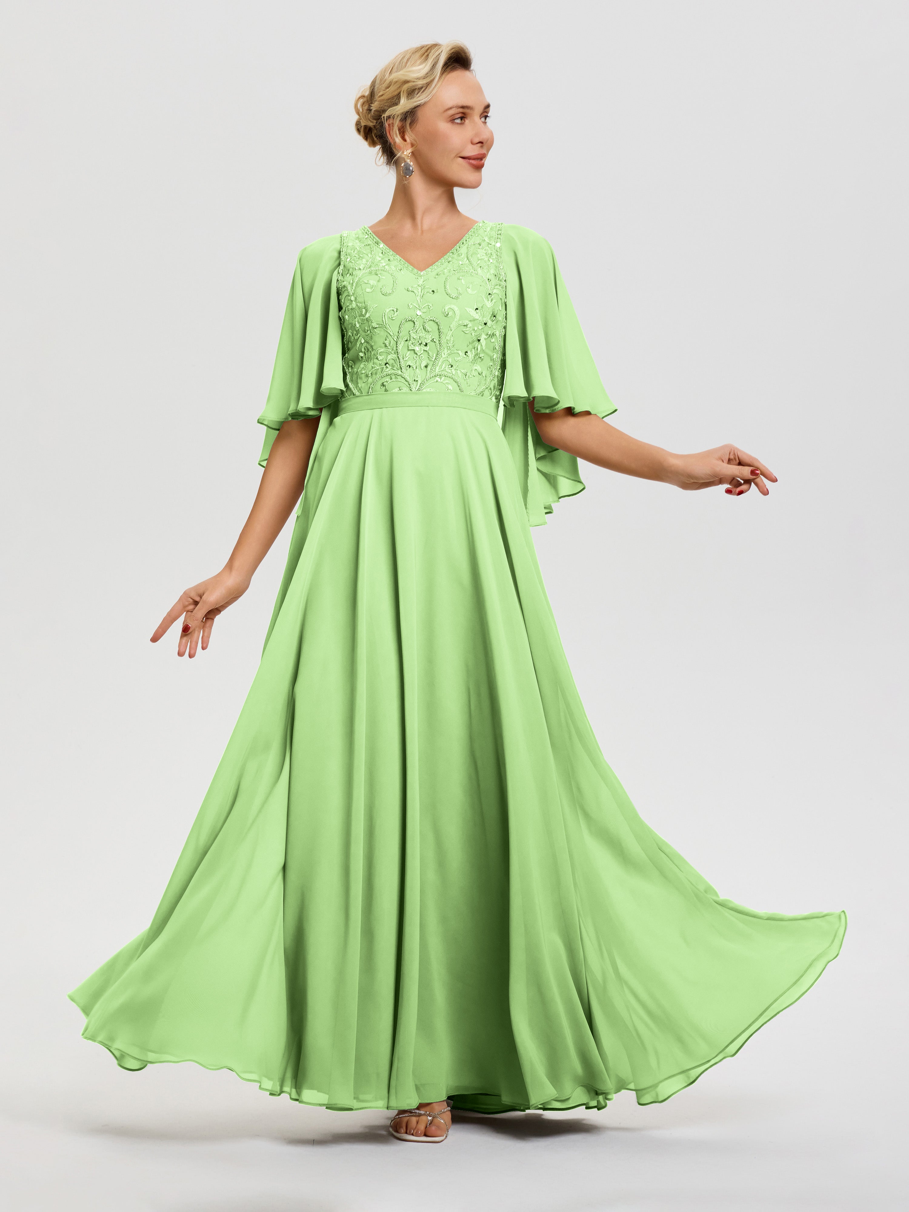 Sage Green Mother of The Bride Dresses V-Neck A-Line Half Sleeves Ruched Zipper Long Chiffon Mother of The Bride Dress Sage Green Mother of The Bride Dresses V-Neck A-Line Half Sleeves Ruched Zipper Long Chiffon Mother of The Bride Dress