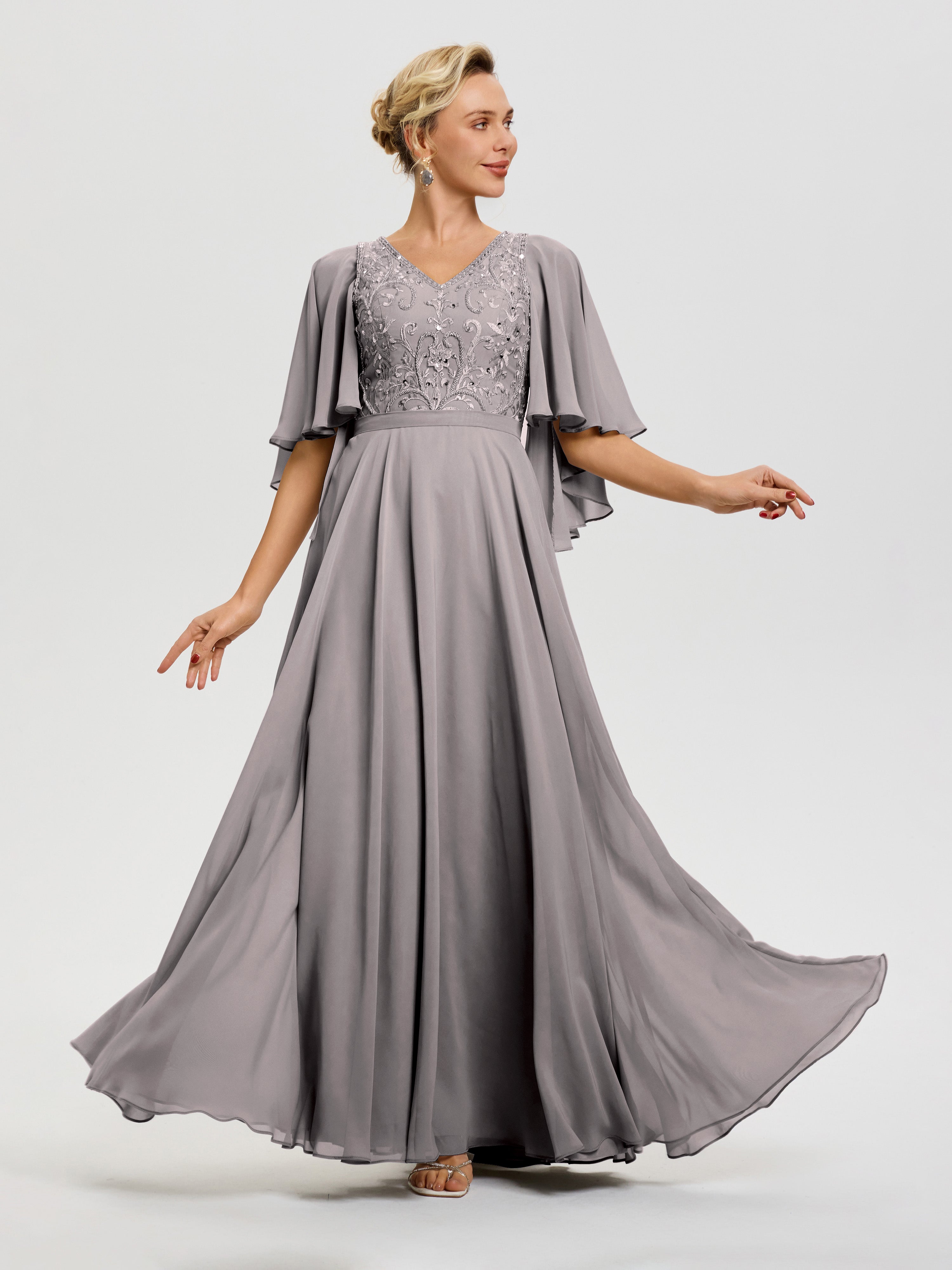 Silver Mother Of The Bride Dress Mother Of The Bride V-Neck A-Line Half Sleeves Ruched Zipper Long Chiffon Mother Of The Bride Dress Silver Mother Of The Bride Dress Mother Of The Bride V-Neck A-Line Half Sleeves Ruched Zipper Long Chiffon Mother Of The Bride Dress