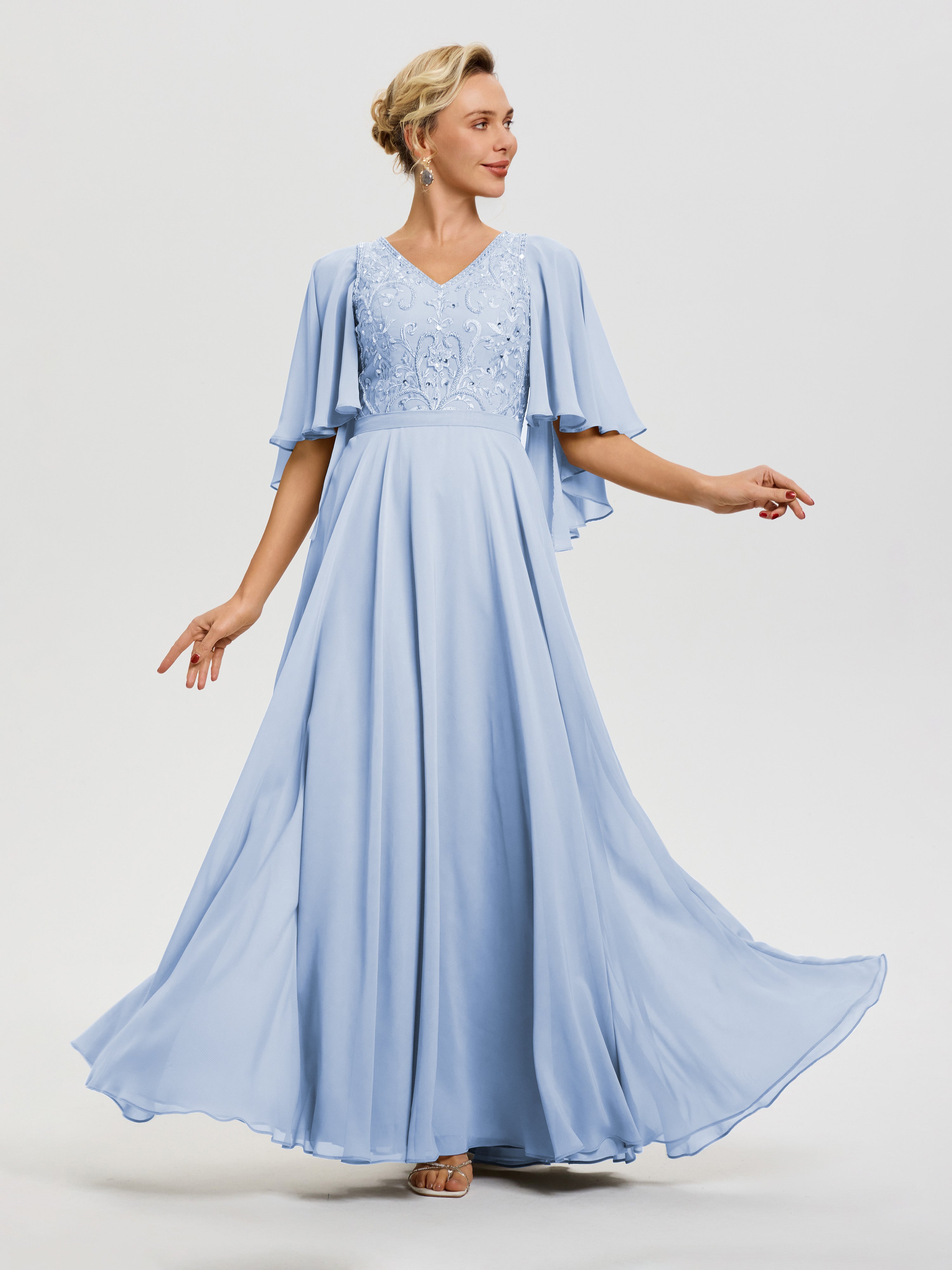 Mother Of The Bride Dresses Sky Blue V-Neck A-Line Half Sleeves Ruched Zipper Long Chiffon Mother Of The Bride Dress Mother Of The Bride Dresses Sky Blue V-Neck A-Line Half Sleeves Ruched Zipper Long Chiffon Mother Of The Bride Dress