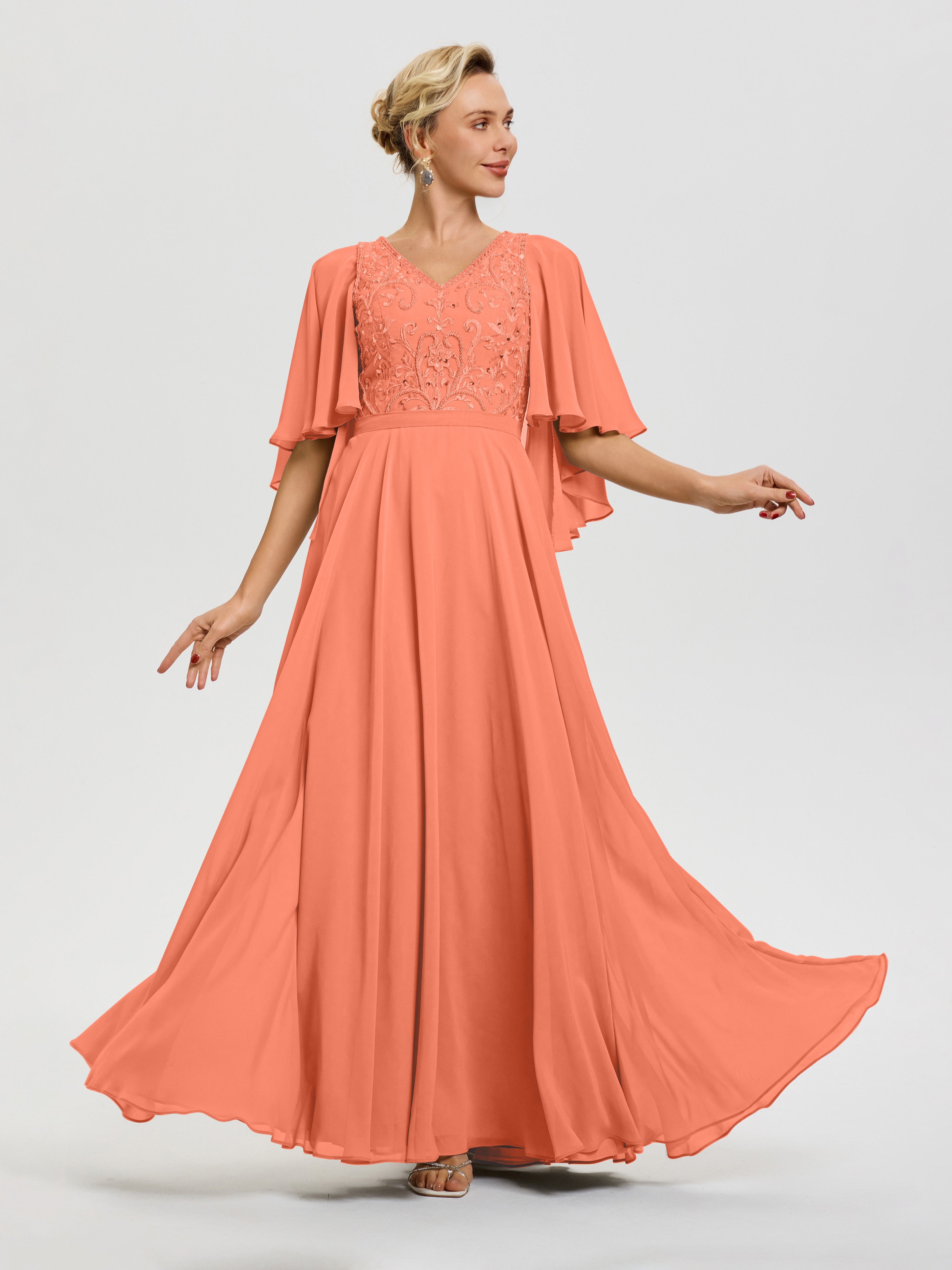 Mother Of Bride Sunset Dress V-Neck A-Line Half Sleeves Ruched Zipper Long Chiffon Mother Of The Bride Dress Mother Of Bride Sunset Dress V-Neck A-Line Half Sleeves Ruched Zipper Long Chiffon Mother Of The Bride Dress