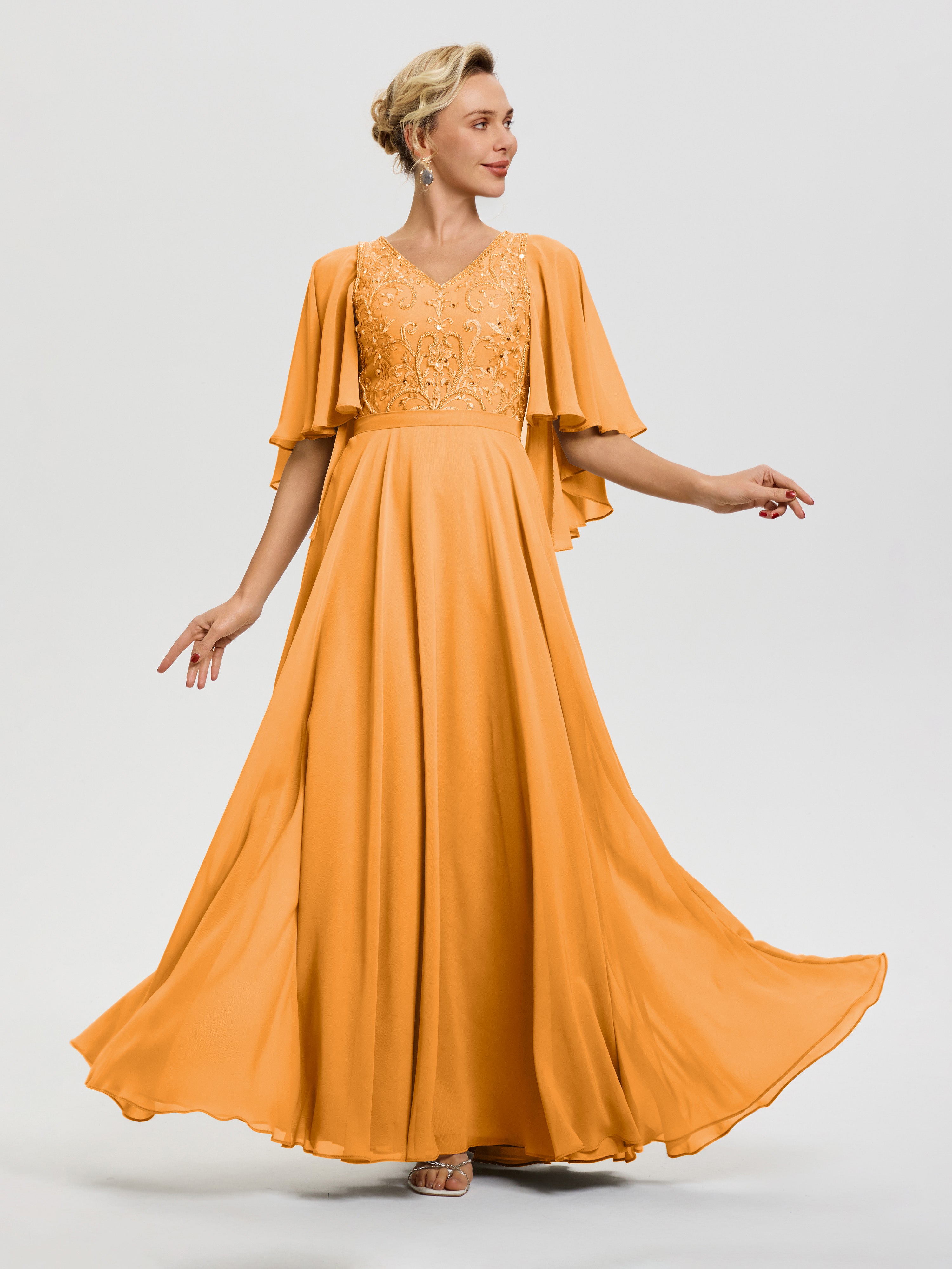 Tangerine Mother Of Bride Dresses V-Neck A-Line Half Sleeves Ruched Zipper Long Chiffon Mother Of The Bride Dress Tangerine Mother Of Bride Dresses V-Neck A-Line Half Sleeves Ruched Zipper Long Chiffon Mother Of The Bride Dress
