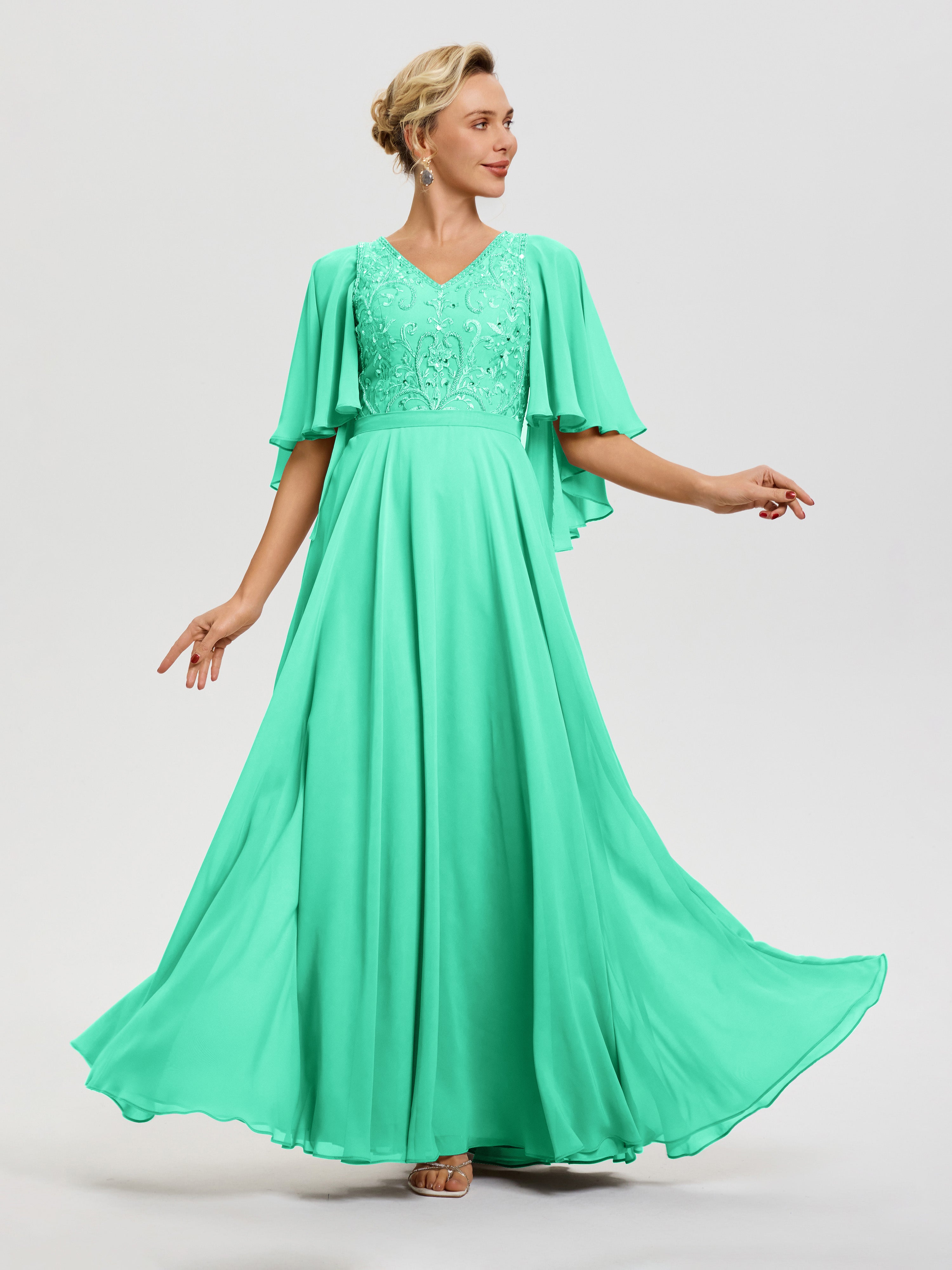 turquoise a line dress Turquoise Bridesmaid Dress A-Line Short Sleeves V Neck Sequined Empire Waist Long Chiffon Bridesmaid Dresses