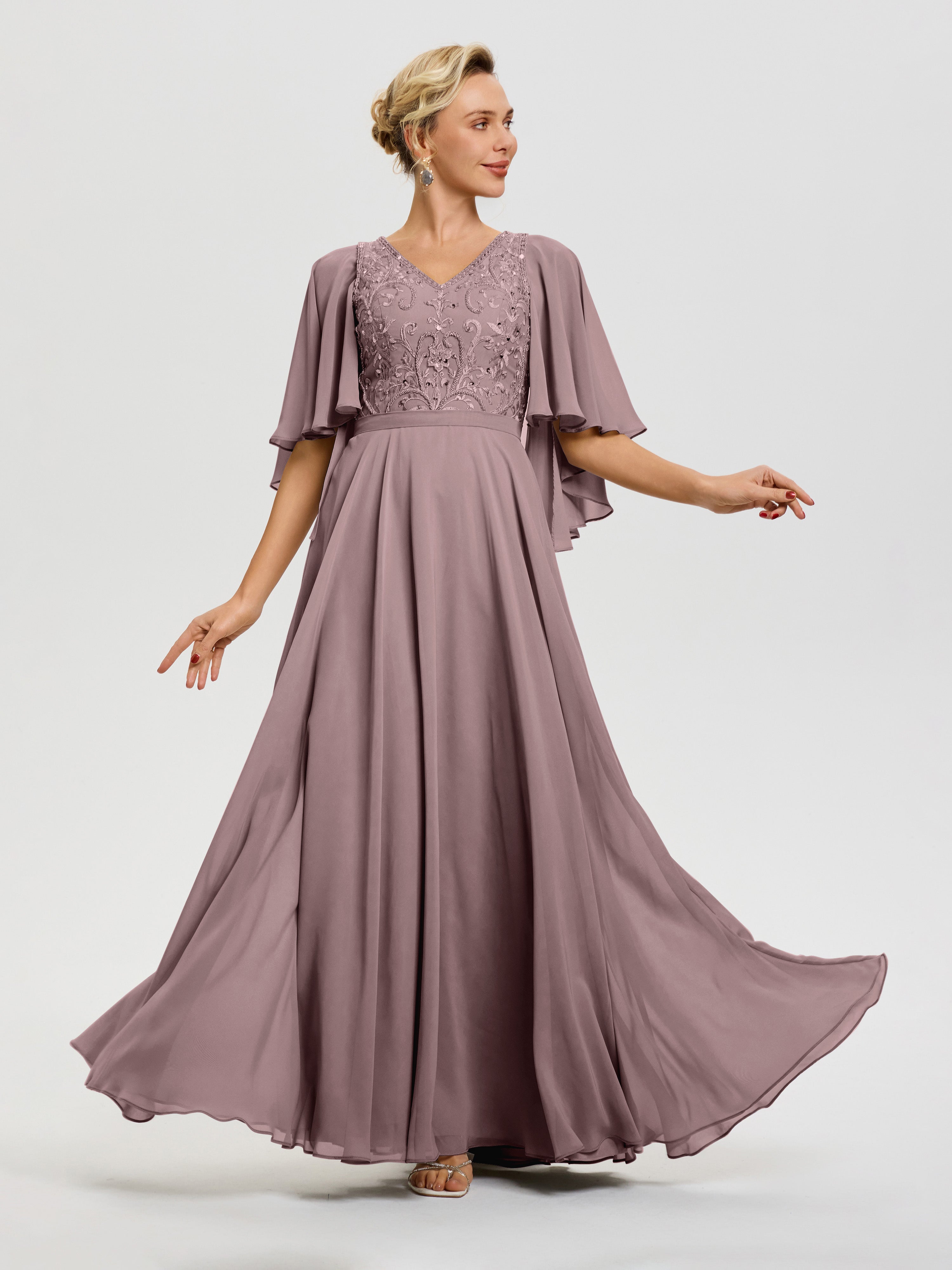 Vintage Mauve Boho Mother Of The Bride Dresses V-Neck A-Line Half Sleeves Ruched Zipper Long Chiffon Mother Of The Bride Dress Vintage Mauve Boho Mother Of The Bride Dresses V-Neck A-Line Half Sleeves Ruched Zipper Long Chiffon Mother Of The Bride Dress