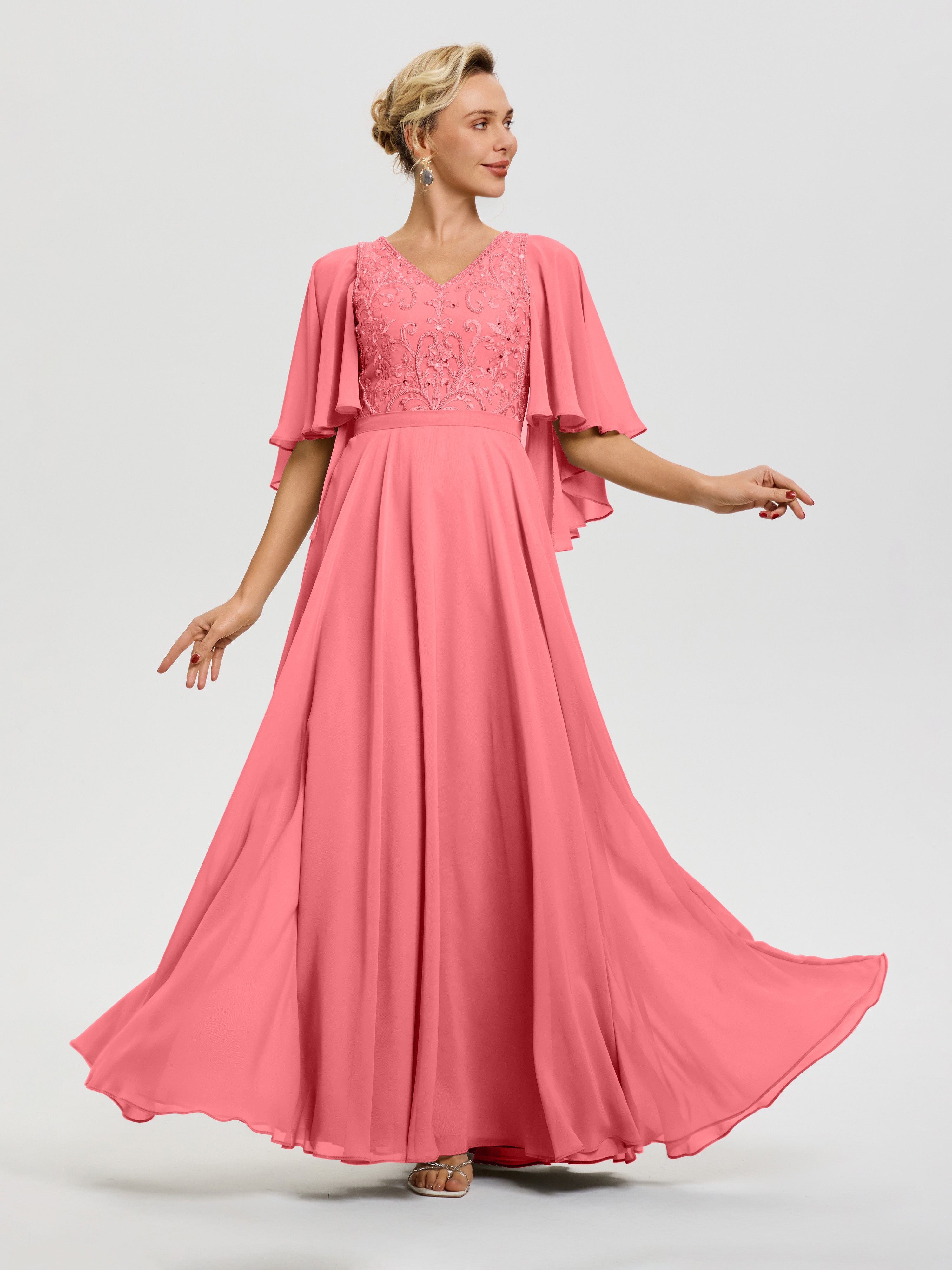Watermelon Mother Of The Bride Dresses With Sleeves V-Neck A-Line Half Sleeves Ruched Zipper Long Chiffon Mother Of The Bride Dress