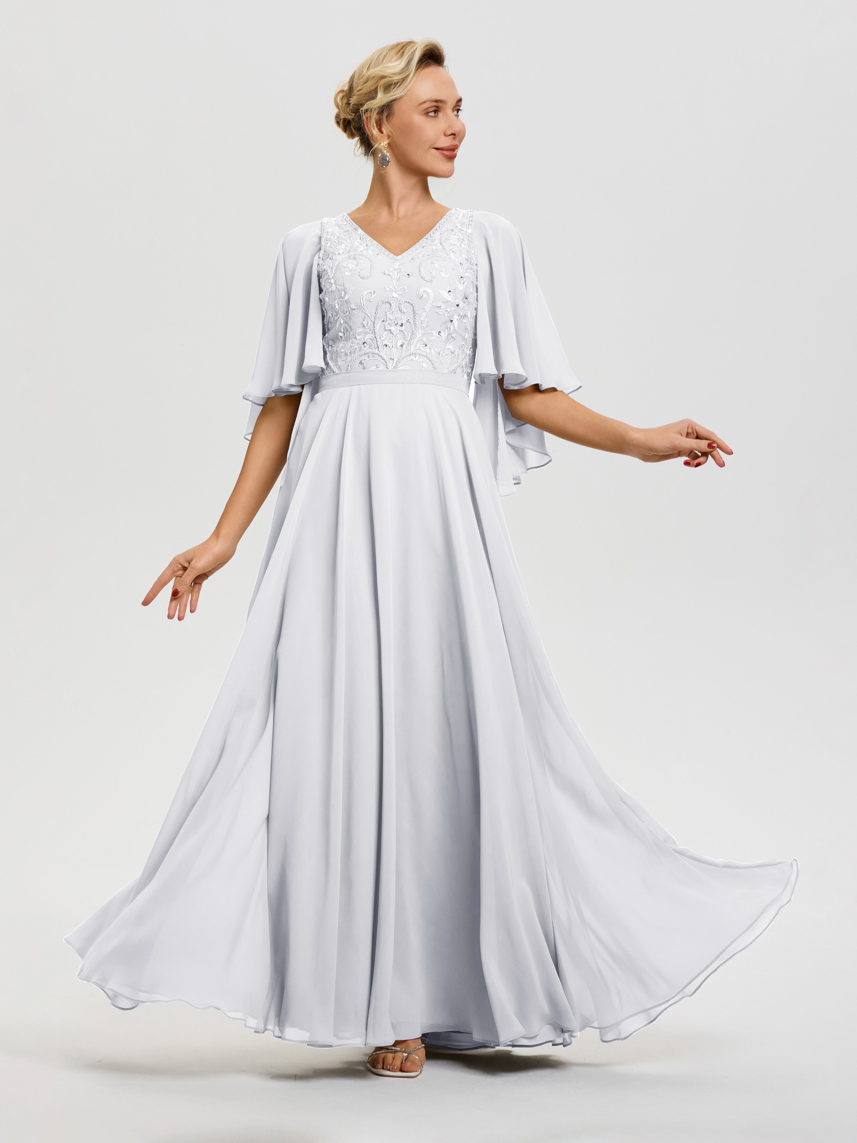 mother of bride white dress Mother Of The Bride White Dress V-Neck A-Line Half Sleeves Ruched Zipper Long Chiffon Mother Of The Bride Dress